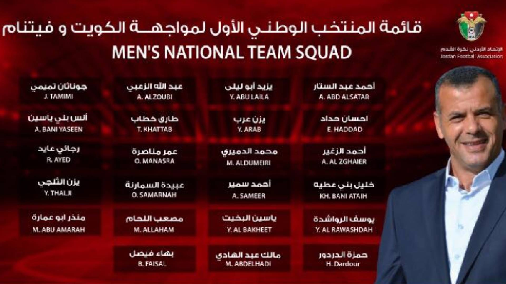 ابو عابد يعلن عن تشكيلة النشامى لمواجهة الكويت و فيتنام