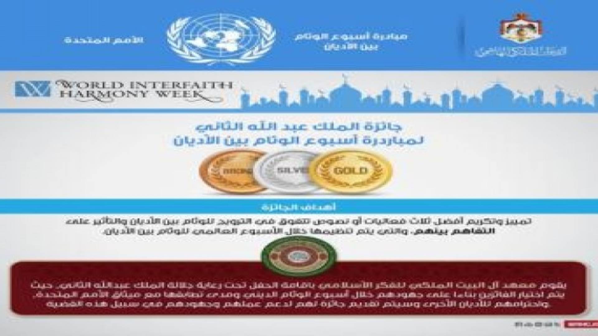 الملك يرعى احتفال جائزة الأسبوع الوئام العالمي بين الأديان