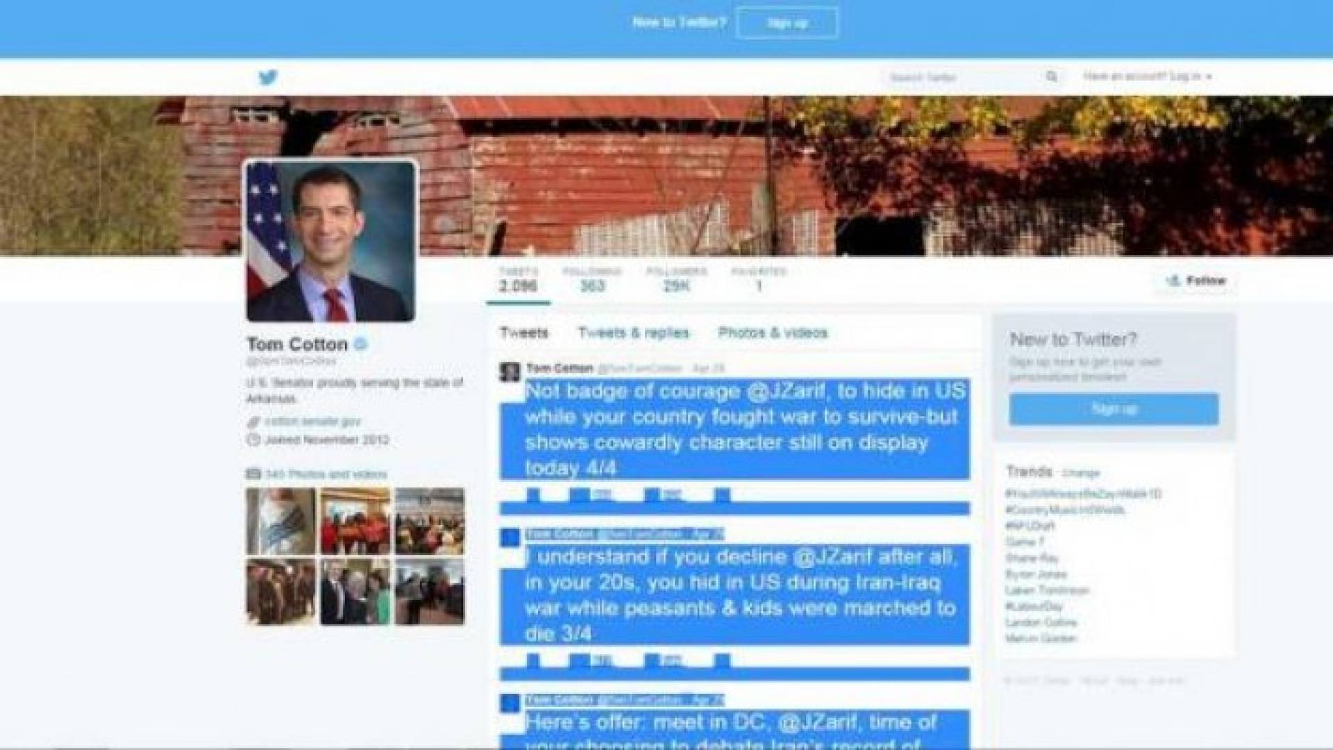 مناوشات كلامية على "تويتر" بين جواد ظريف وسناتور أمريكي وصفه بـ"الجبان"