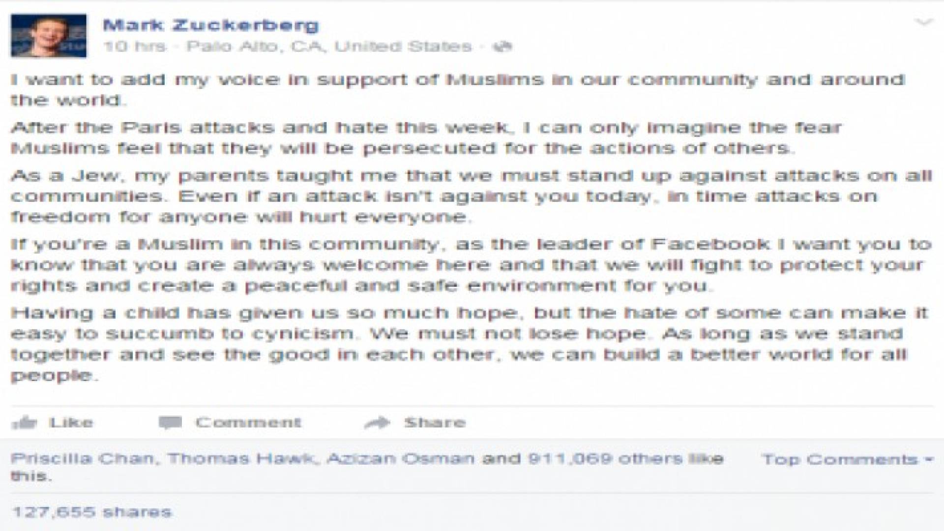 مؤسس فيس بوك يدافع عن الاسلام والمسلمين