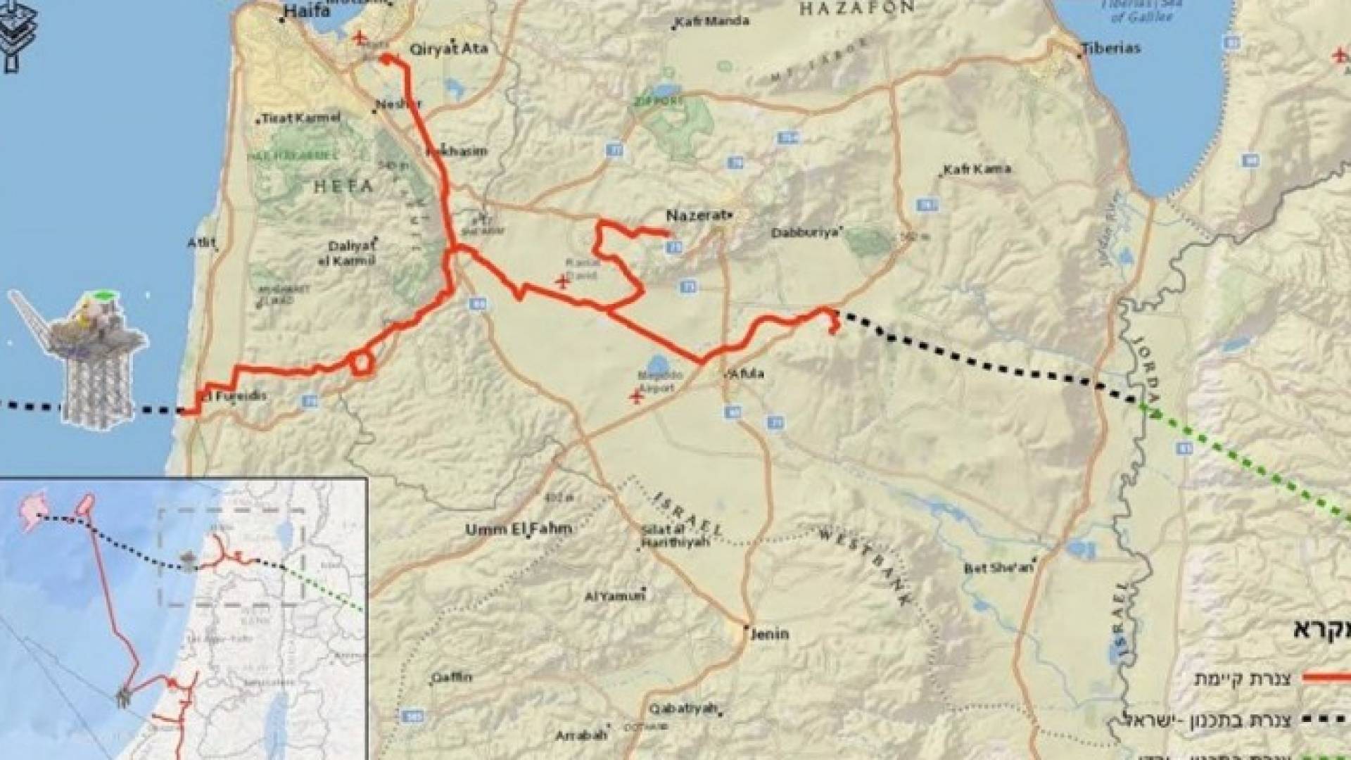 خارطة نشرتها وسائل إعلام إسرائيلية لطريق نقل الغاز للأردن 