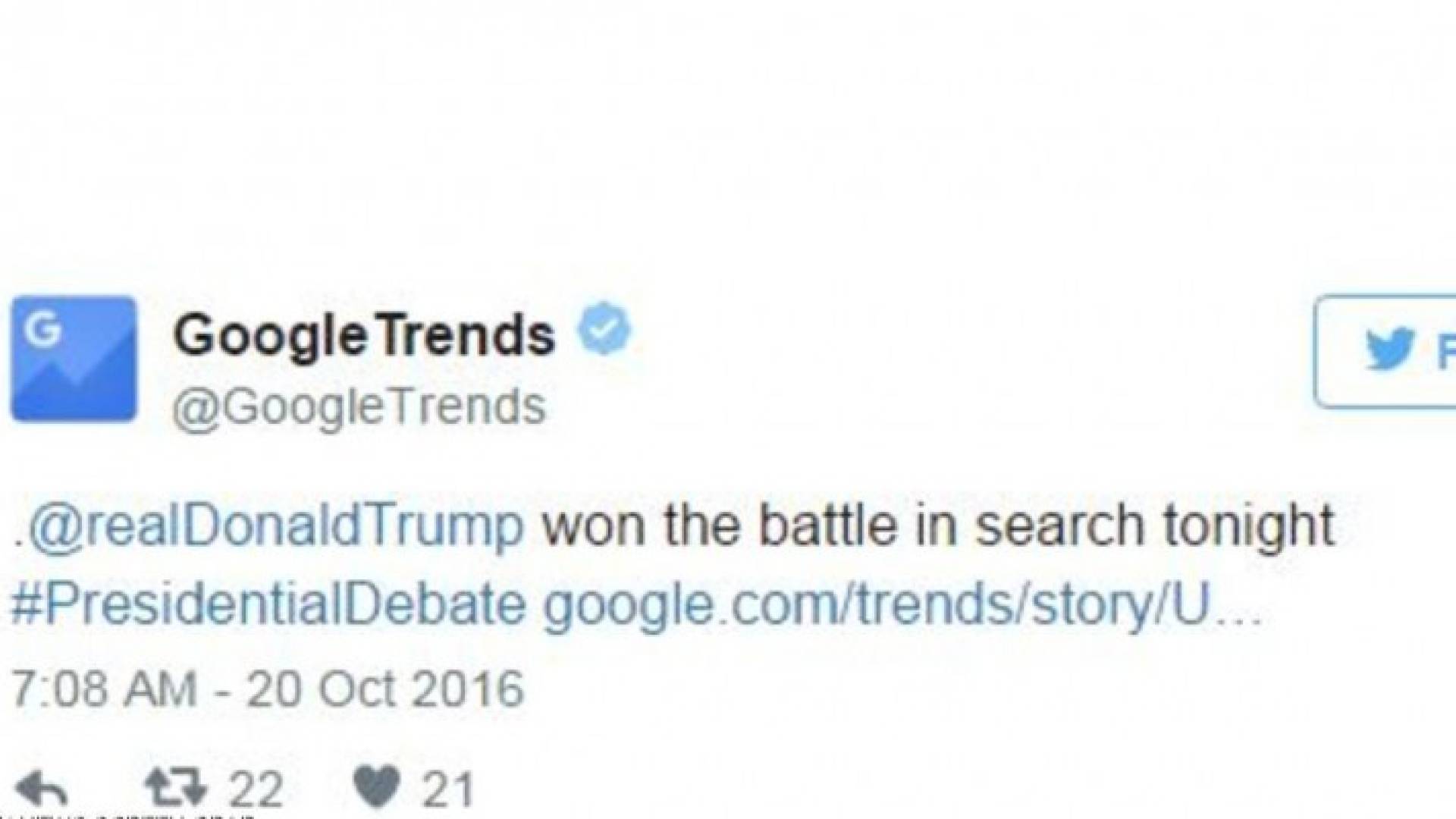 غوغل تريند أعلن عبر تويتر أن ترامب تقدم في محرك البحث