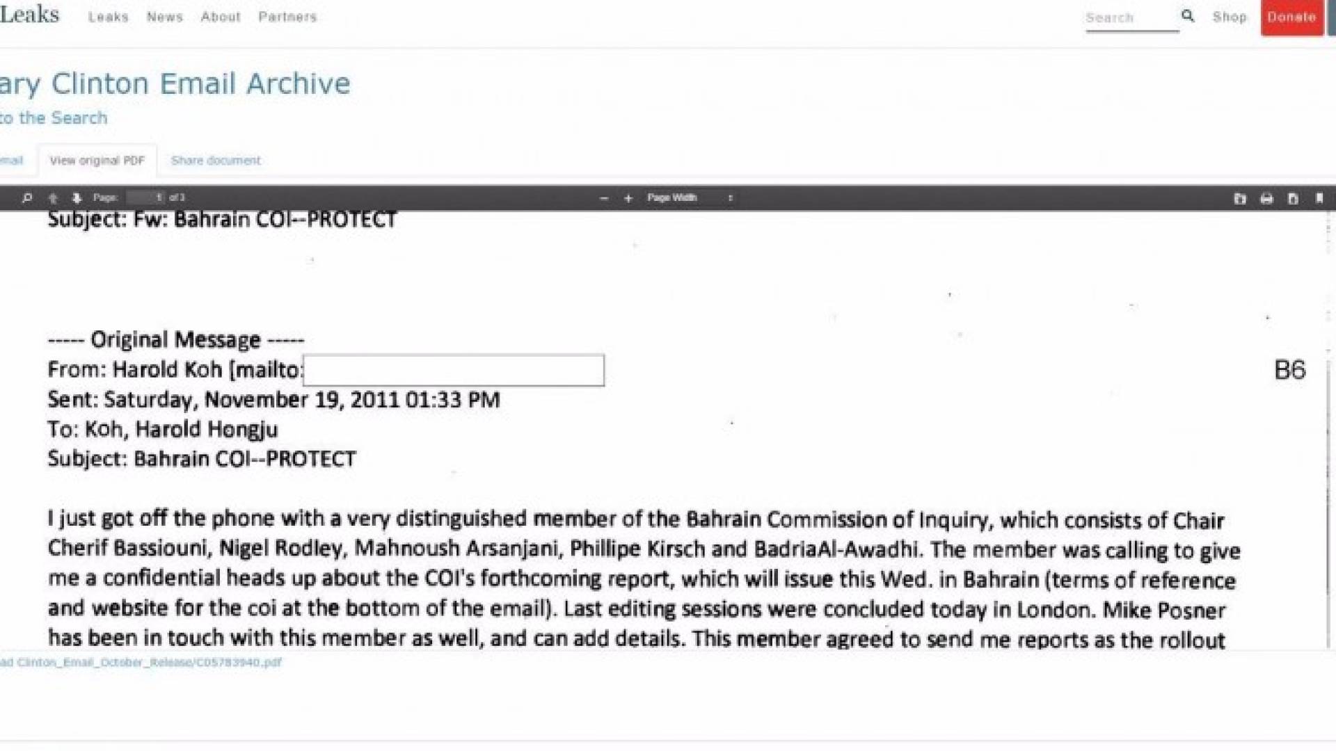 الوثيقة التي تتحدث عن تدخل كلينتون في عمل لجنة التحقيق بأحداث البحرين