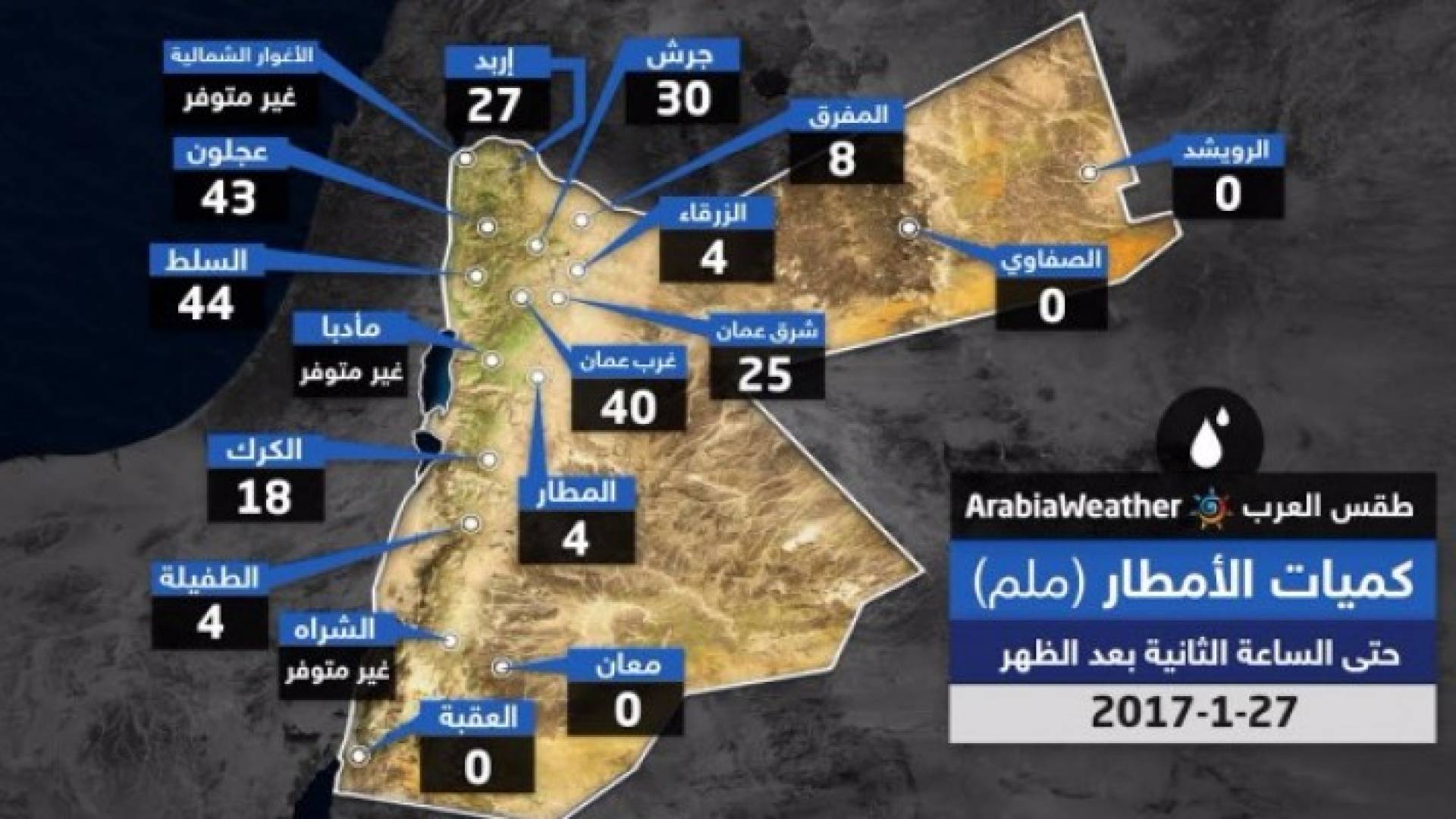 كميات الأمطار المسجلة حتى الساعة الثانية من بعد ظهر الجمعة