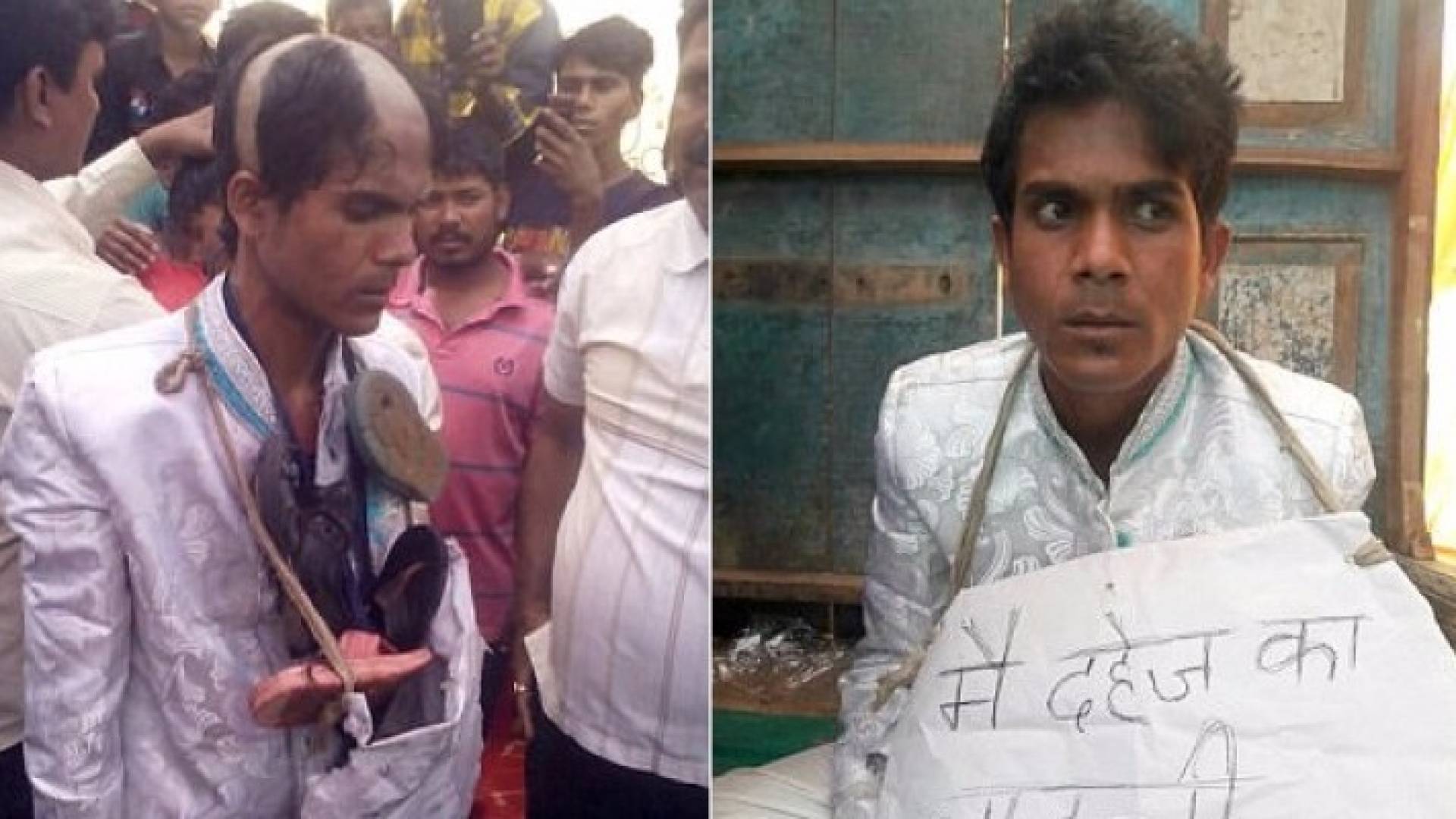 اهالي القرية علقوا سلسلة من الأحذية ويافطة كتب عليها أنا طامع في المهر في رقبة العريس