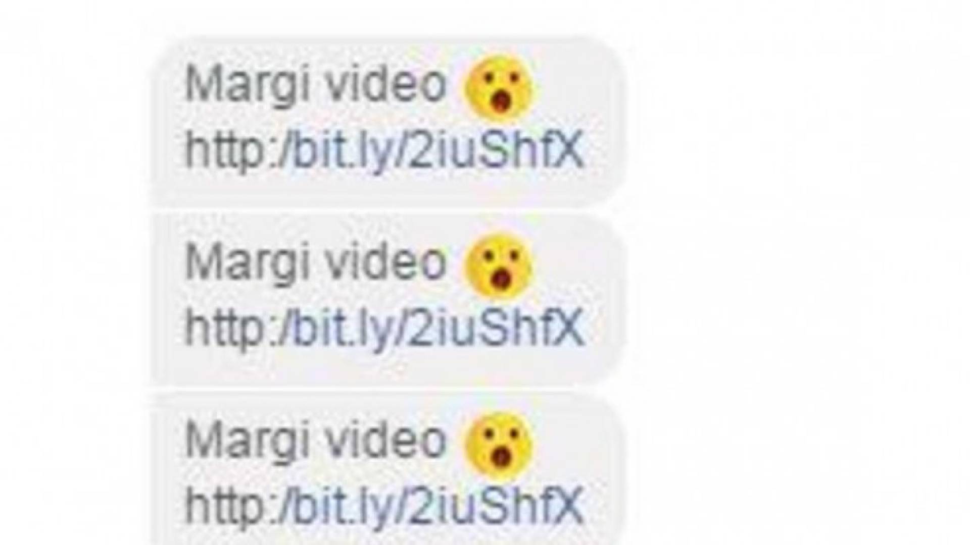 تتضمن الرسائل المشبوهة رابط فيديو ملحق برموز تعبيرية تحمل معنى الصدمة أو المفاجأة متبوعة بعلامات التعجب