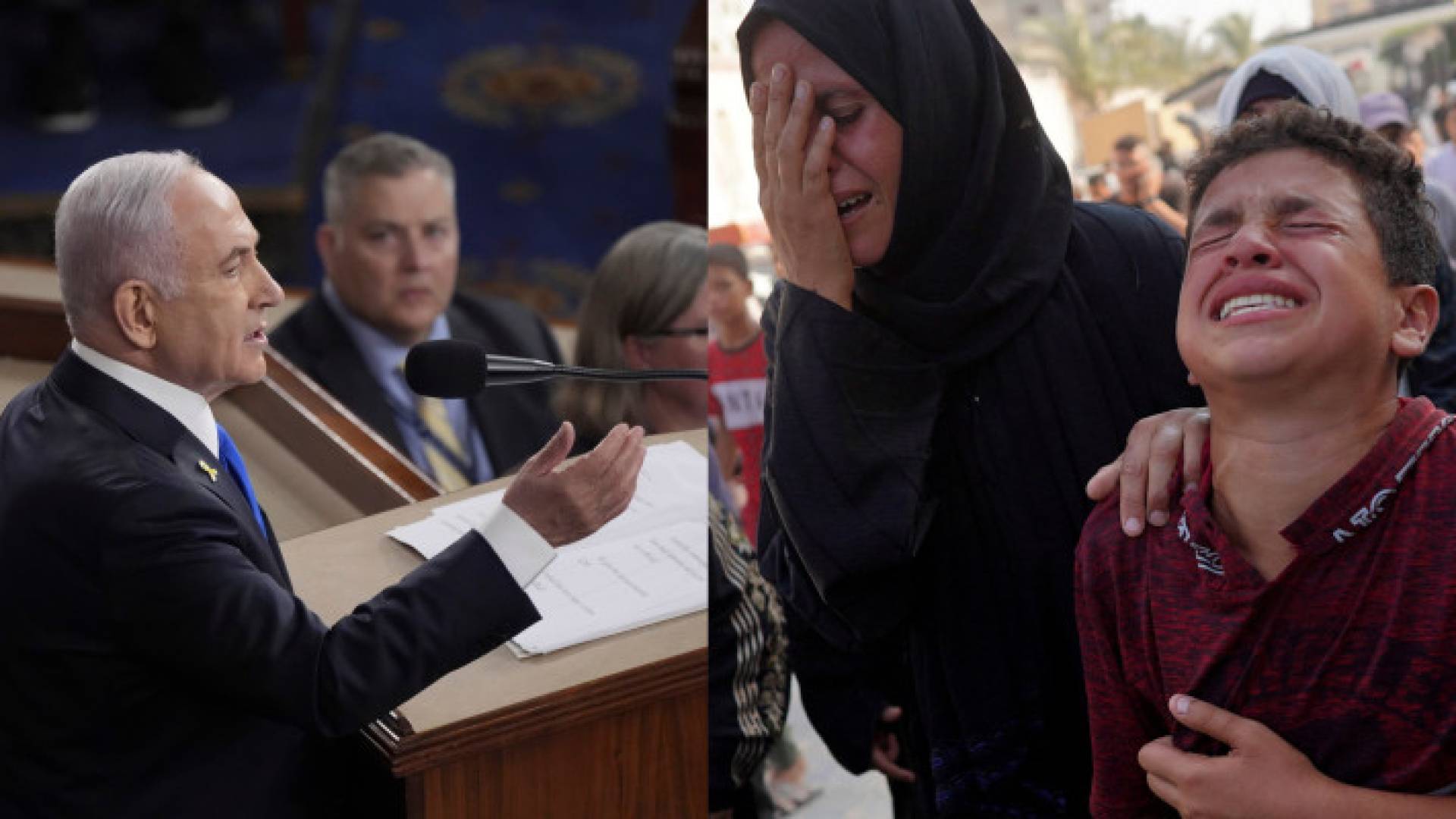 طفل فلسطيني يبكي أحد أفراد عائلته في غزة ورئيس حكومة الاحتلال بنيامين نتنياهو أثناء خطابه في الكونغرس