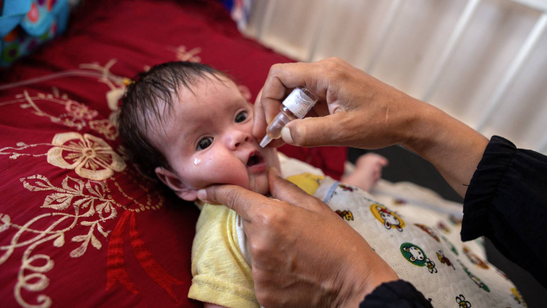 إعطاء قطرات لقاح شلل الأطفال لطفل فلسطيني في مستشفى ناصر في خان يونس جنوب القطاع