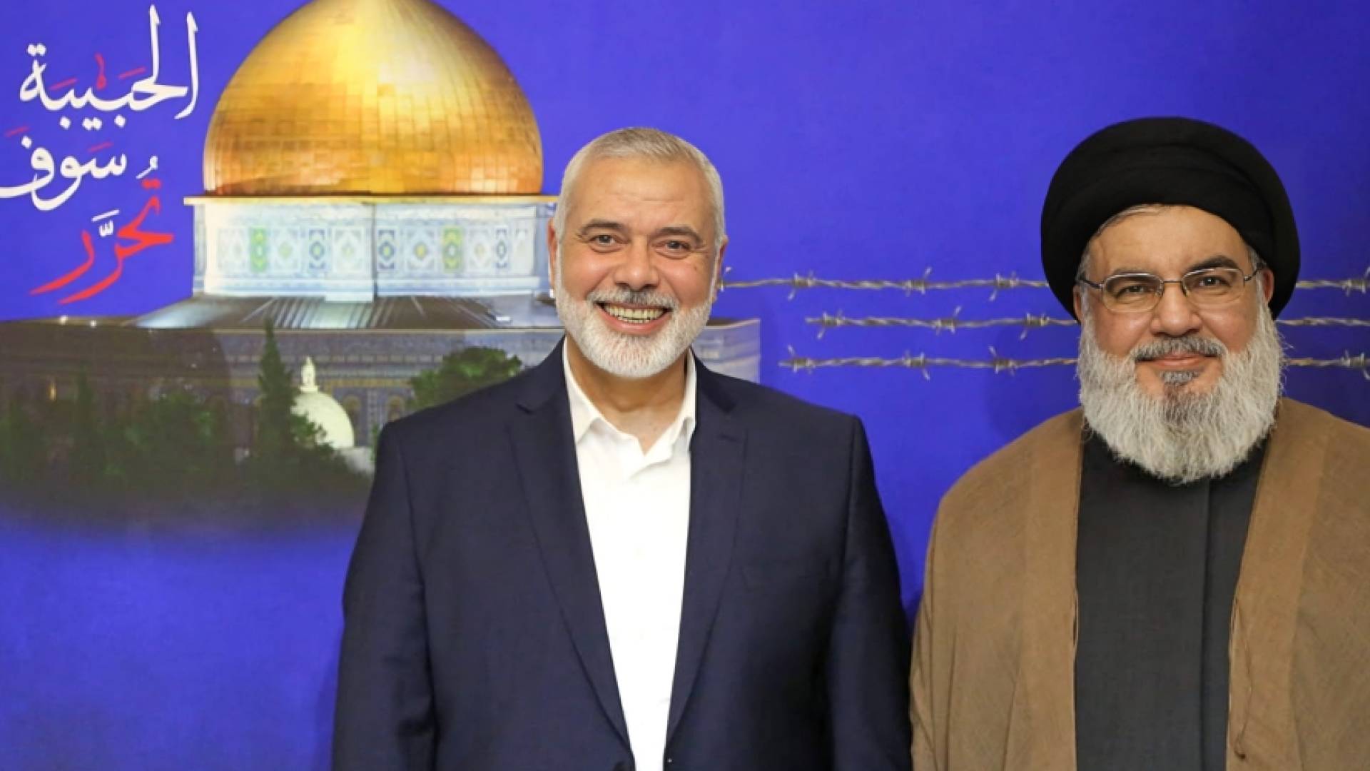 الشهيدان حسن نصرالله (يمينا) واسماعيل هنية (يسارا)