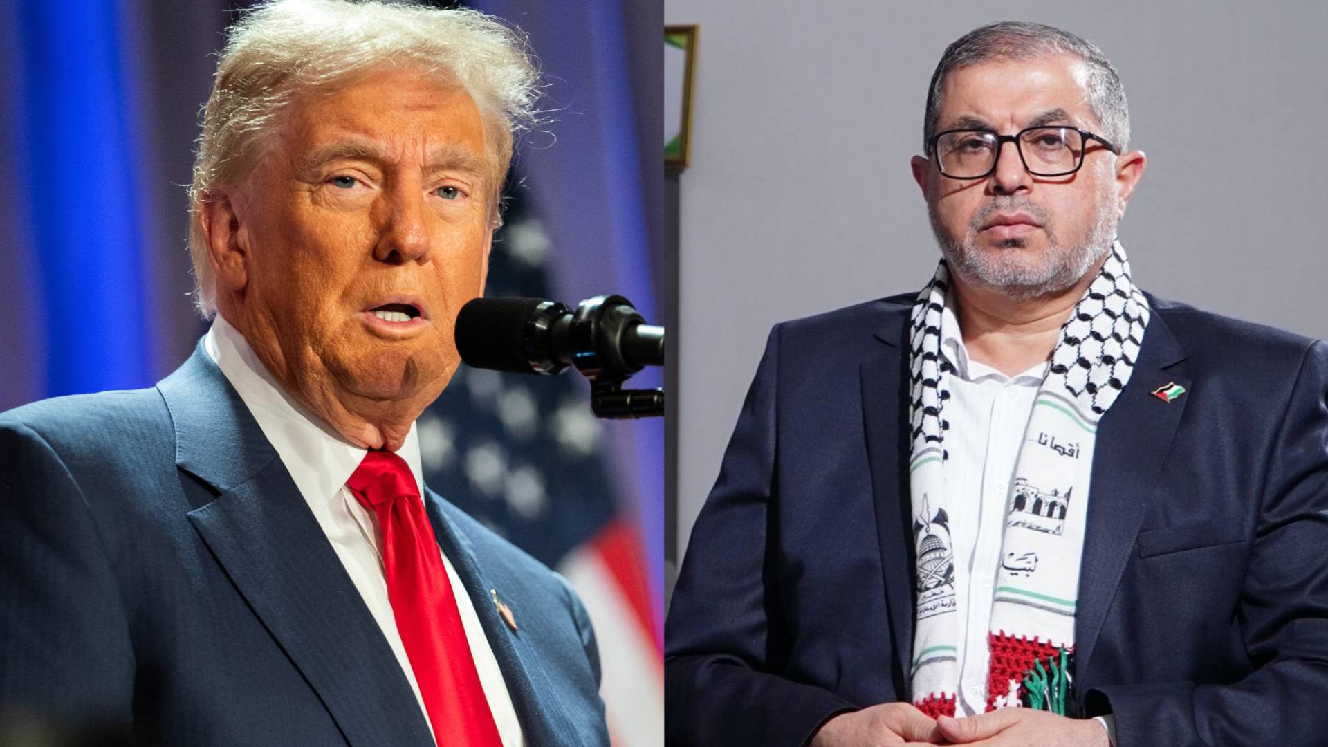 العضو في مكتب حماس السياسي باسم نعيم (يمينا)، الرئيس الأمريكي المنتخب دونالد ترمب (يسارا)