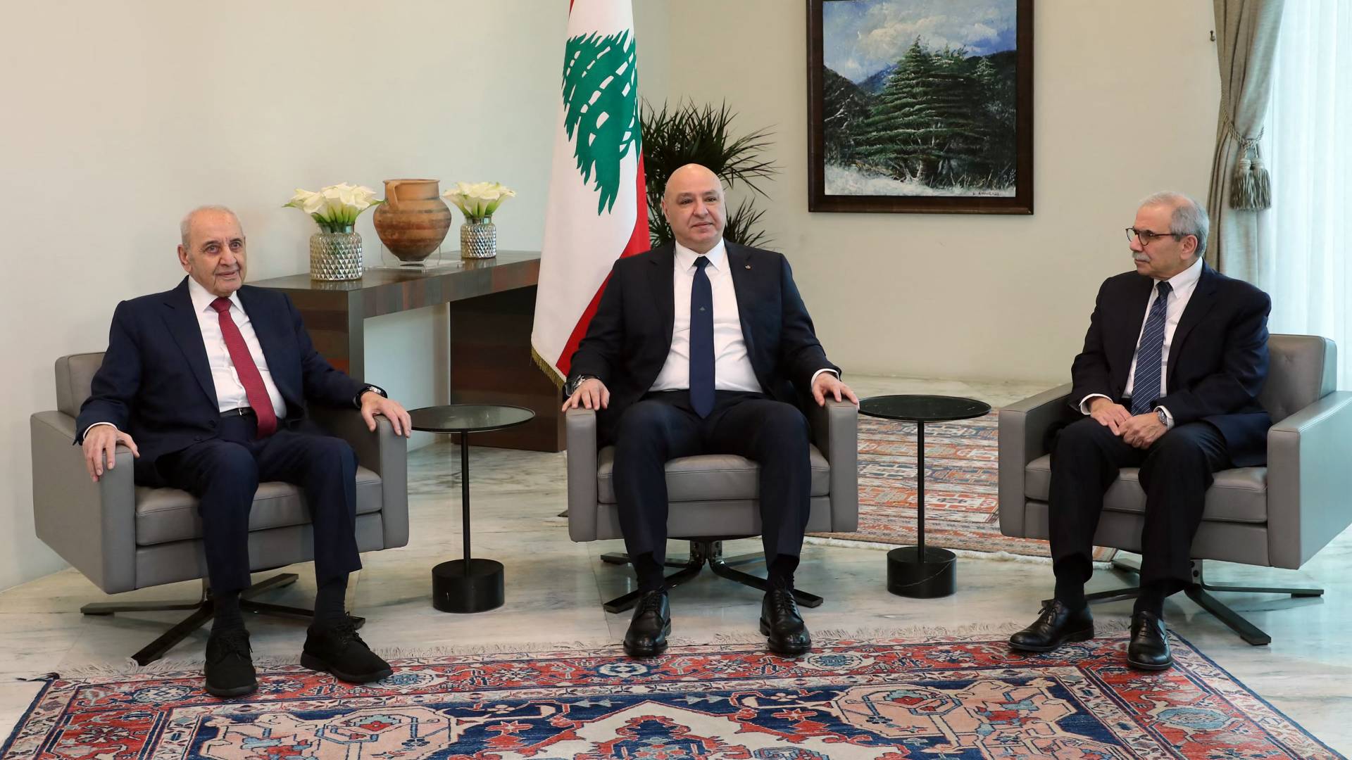 اجتماع بين رئيس الجمهورية اللبنانية جوزاف عون مع رئيس مجلس النواب نبيه بري ورئيس مجلس الوزراء نواف سلام