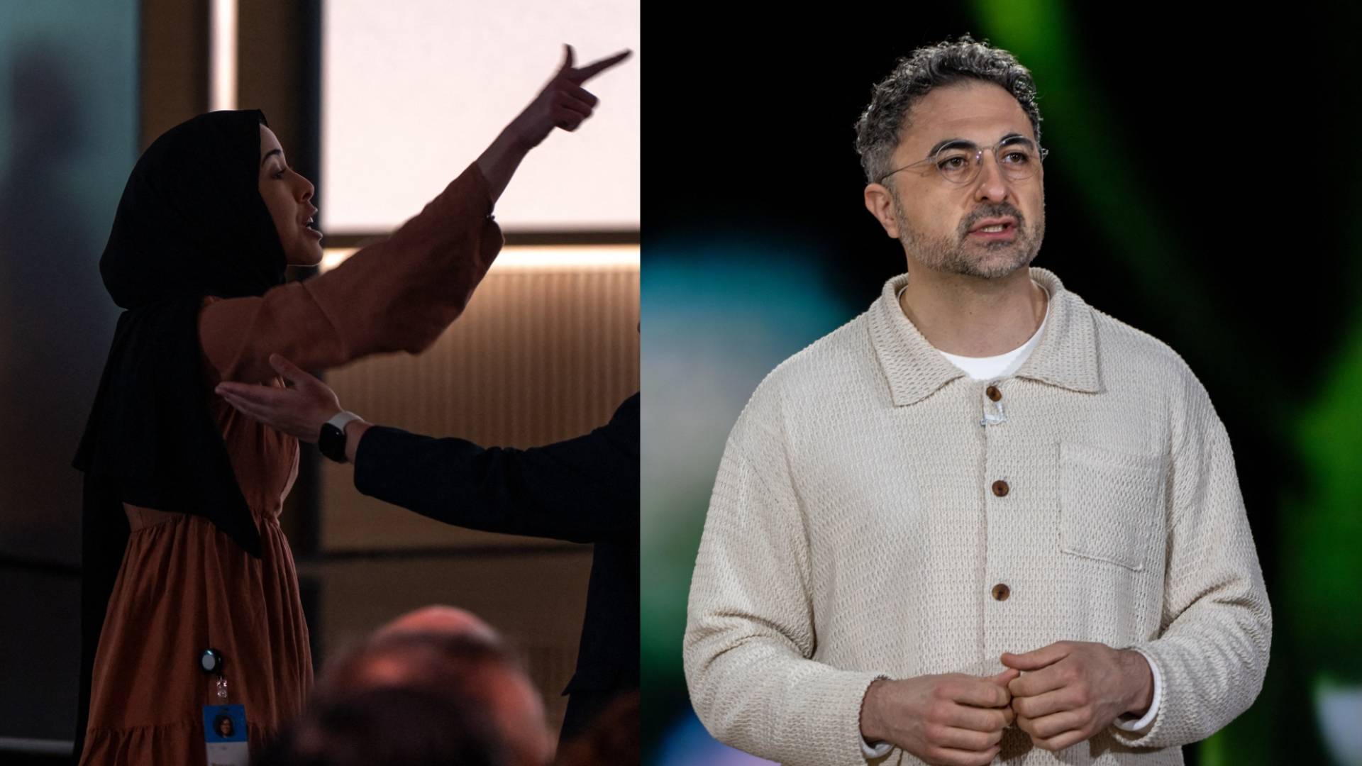 مصطفى سليمان، الرئيس التنفيذي لقطاع الذكاء الاصطناعي في مايكروسوفت(يمينا)، المبرمجة المغربية إبتهال أبو السعد (يسارا)