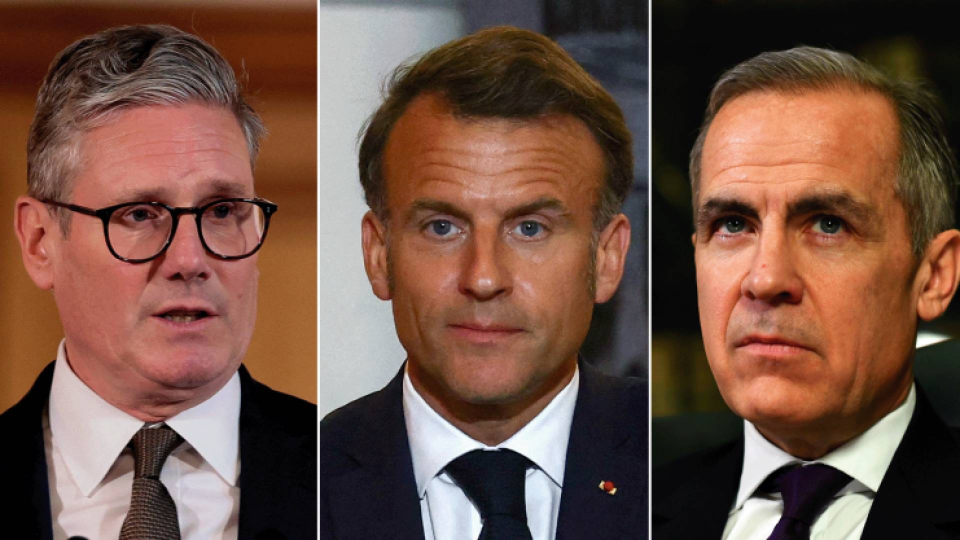 من اليمين: رئيس وزراء كندا مارك كارني والرئيس الفرنسي إيمانويل ماكرون ورئيس وزراء بريطانيا كير ستارمر