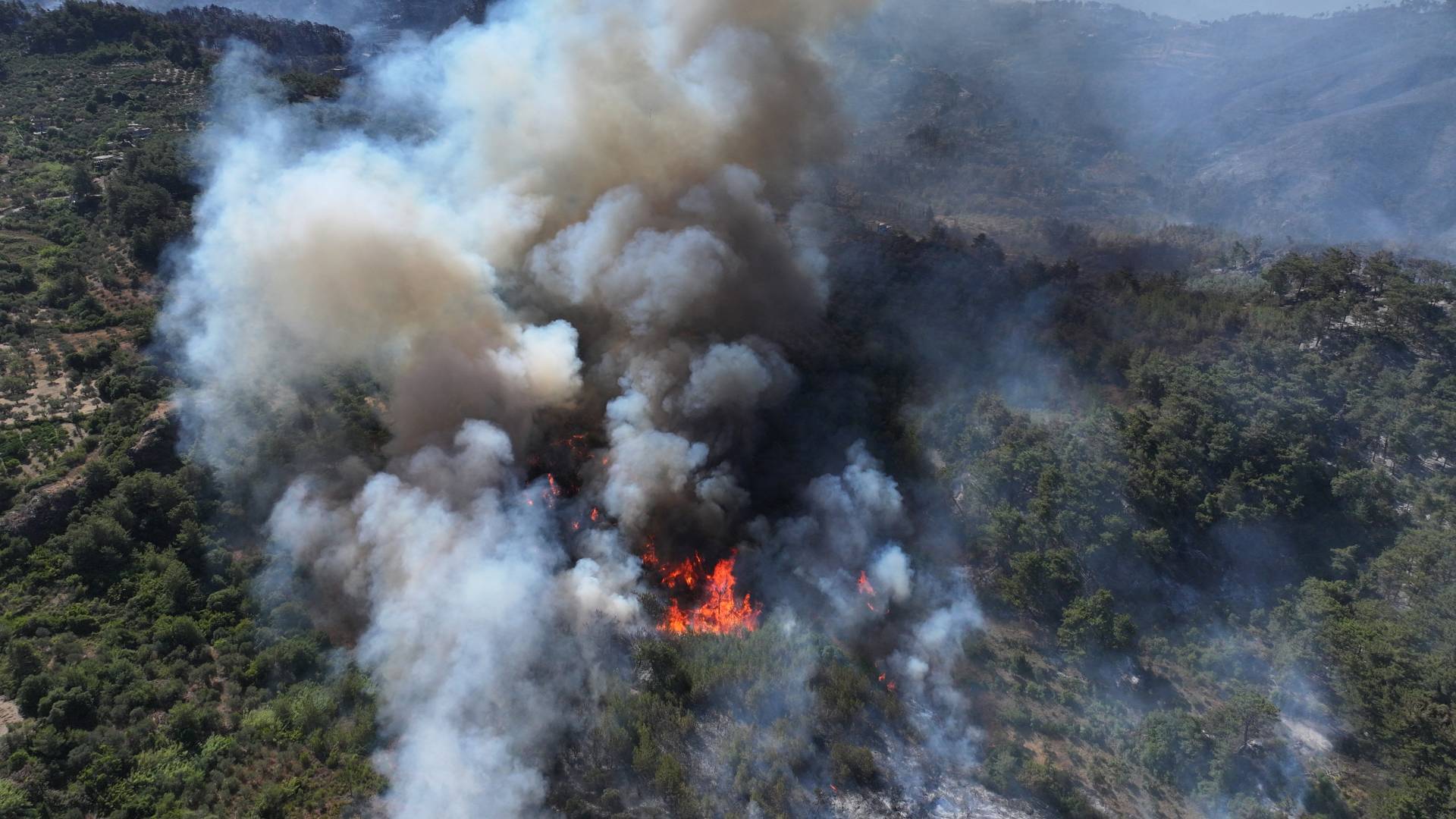 تصاعد الدخان بحرائق غابات في محافظة اللاذقية الساحلية بسوريا