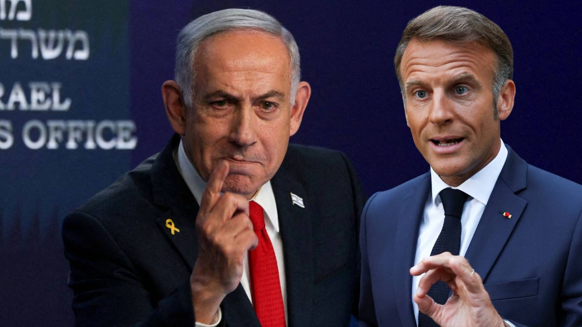 الرئيس الفرنسي إيمانويل ماكرون، ورئيس وزراء الاحتلال الإسرائيلي بنيامين نتنياهو