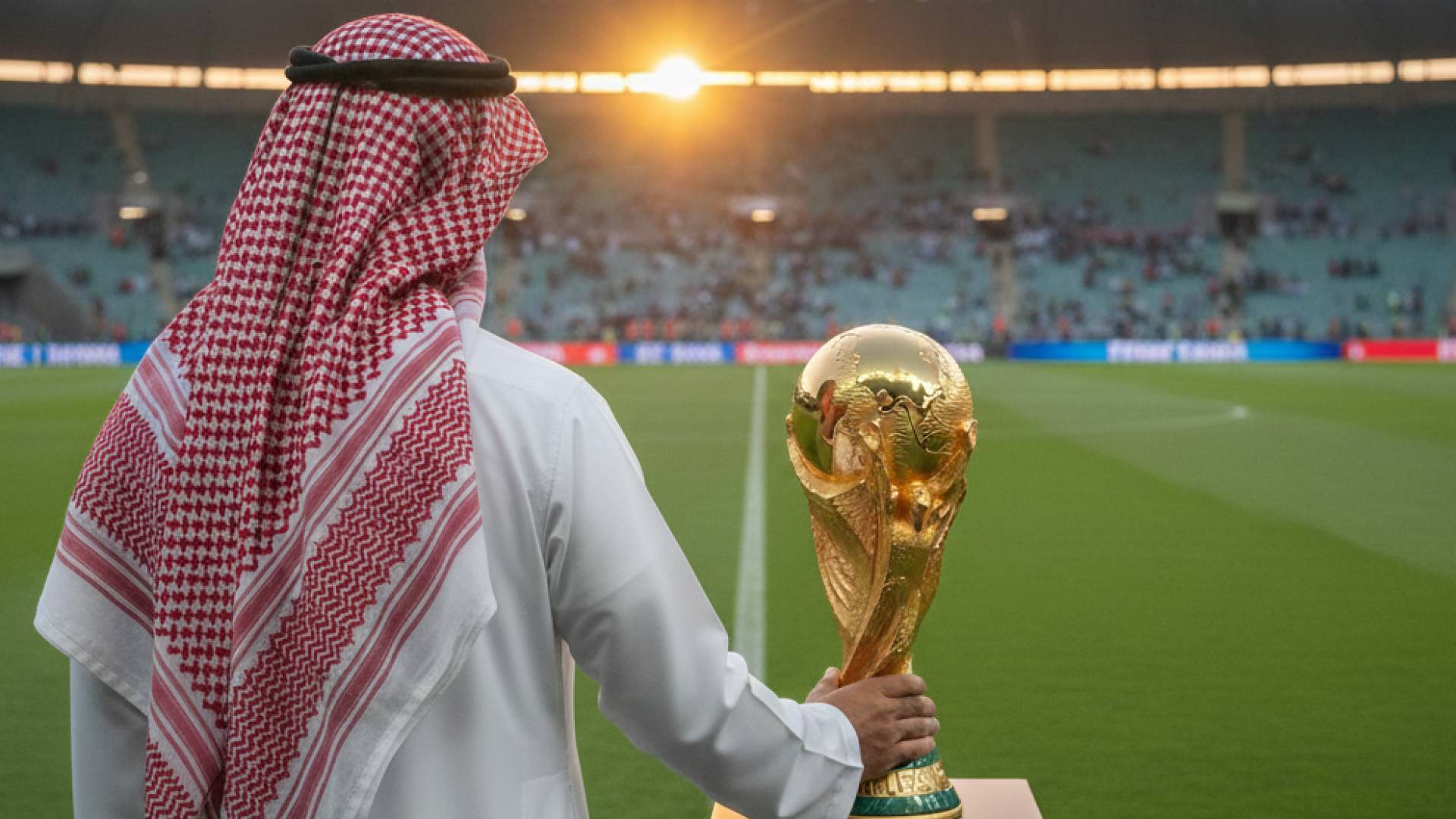 صورة تعبيرية لشخص ممسك بكأس العالم