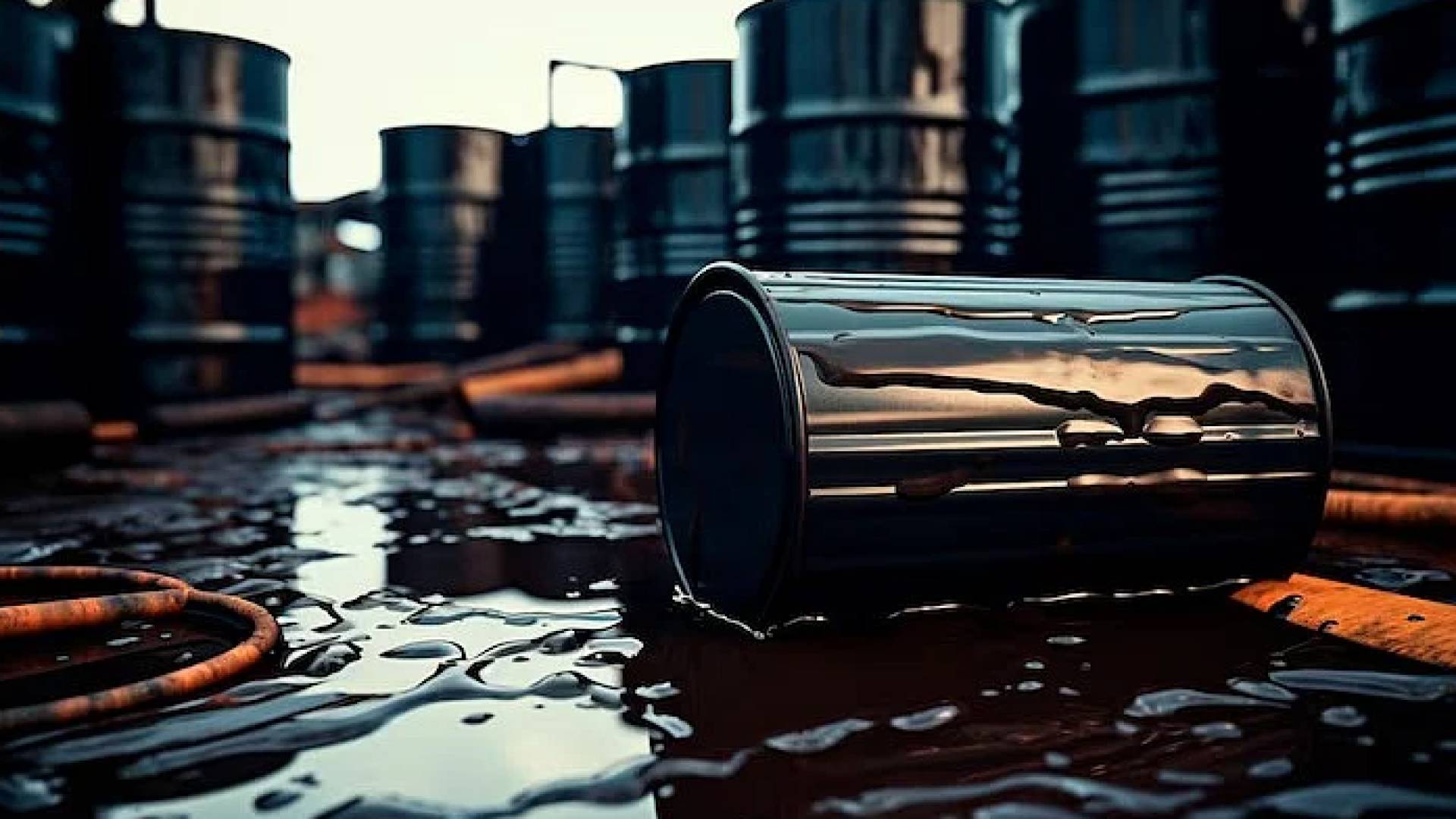 صورة لبراميل نفط سوداء مصطفة، تحمل رموزا تدل على البترول، وتعكس أهمية النفط الخام ودوره المحوري في أسواق الطاقة العالمية.