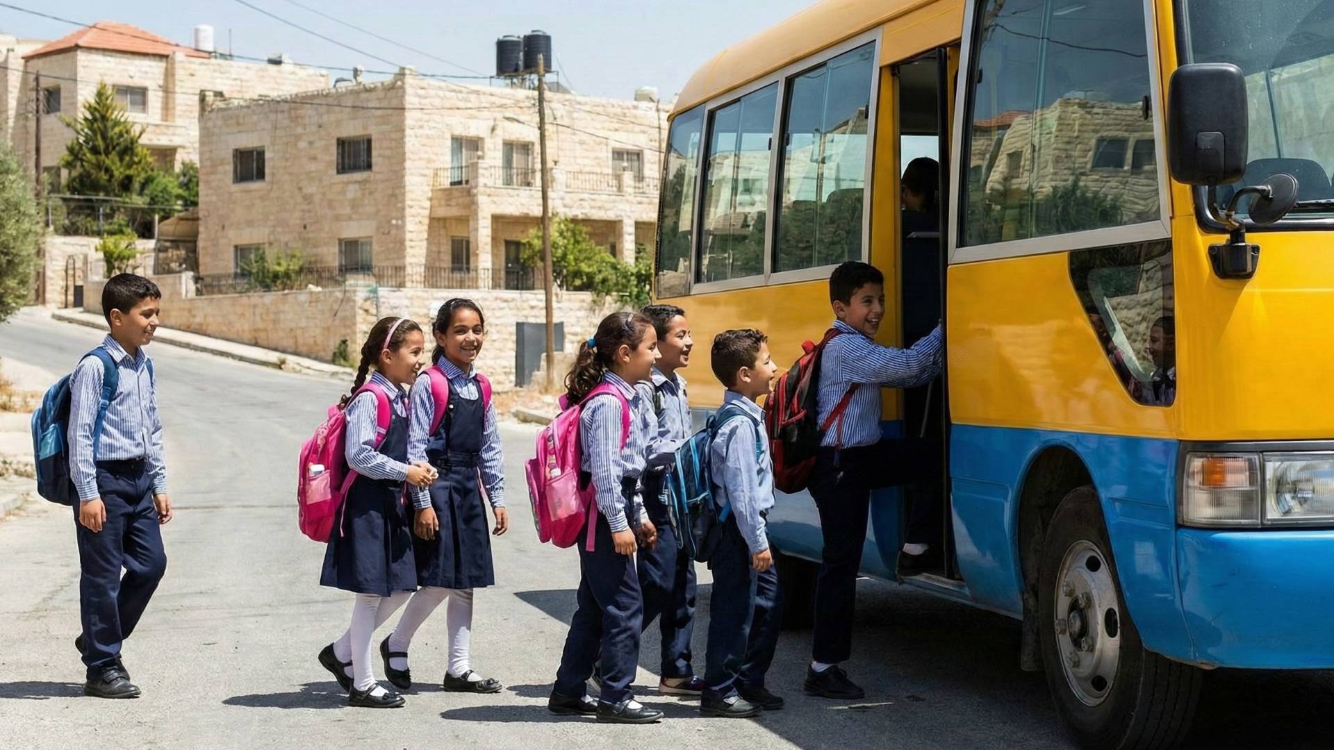 صورة تم توليدها بالذكاء الاصطناعي توضح النقل المدرسي للطلاب