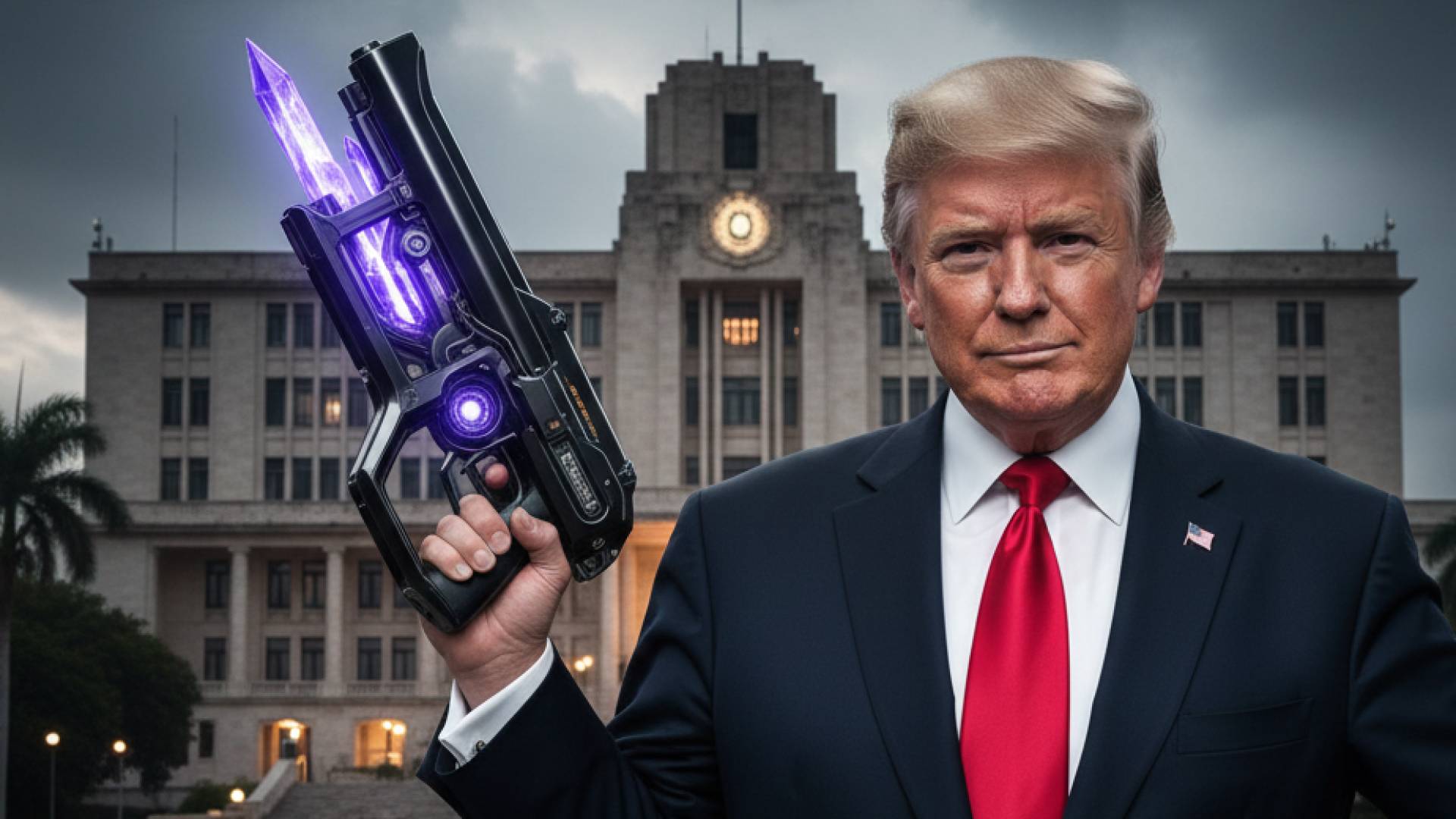 صورة مولدة بلذكاء الاصطناعي للرئيس الأمريكي دونالد ترمب يحمل سلاح غريب