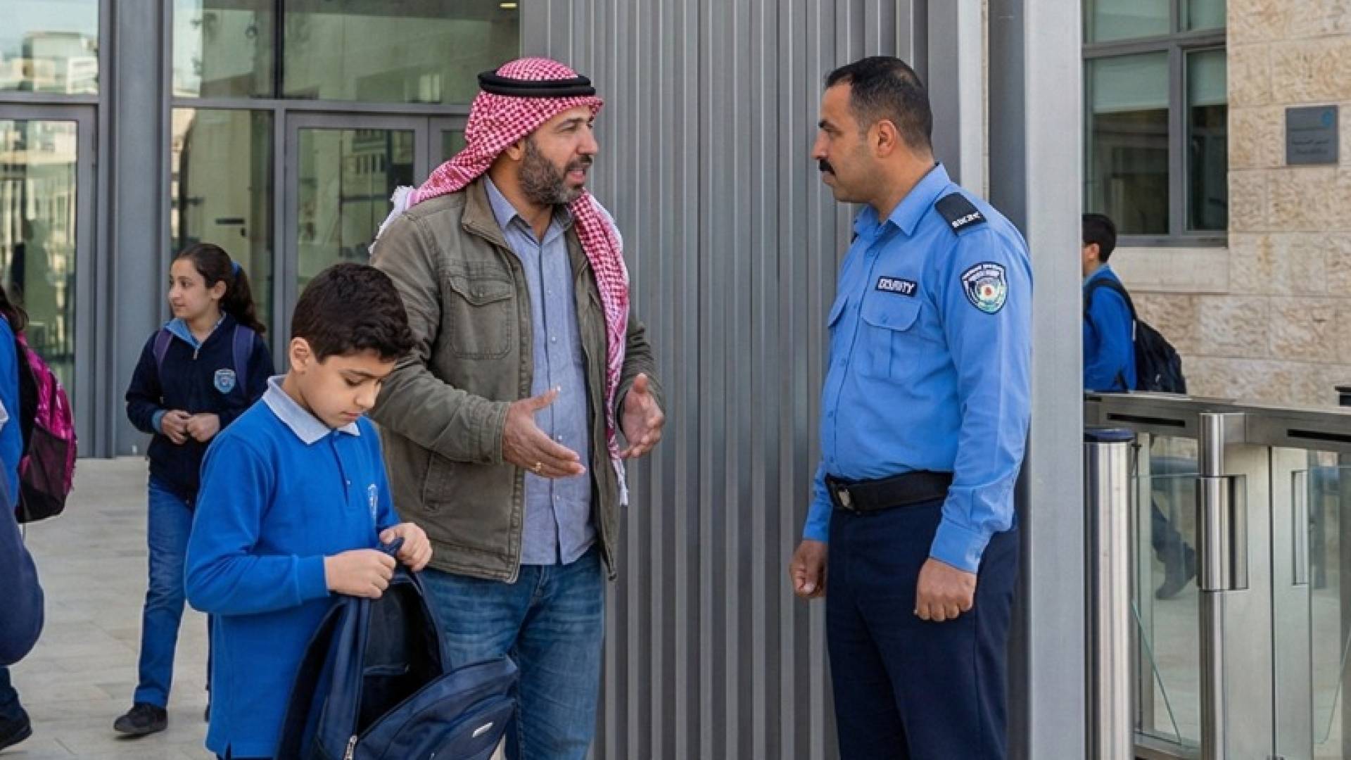 صورة مولدة بالذكاء الاصطناعي لولي أمر طالب وأبنه أمام مدرسة
