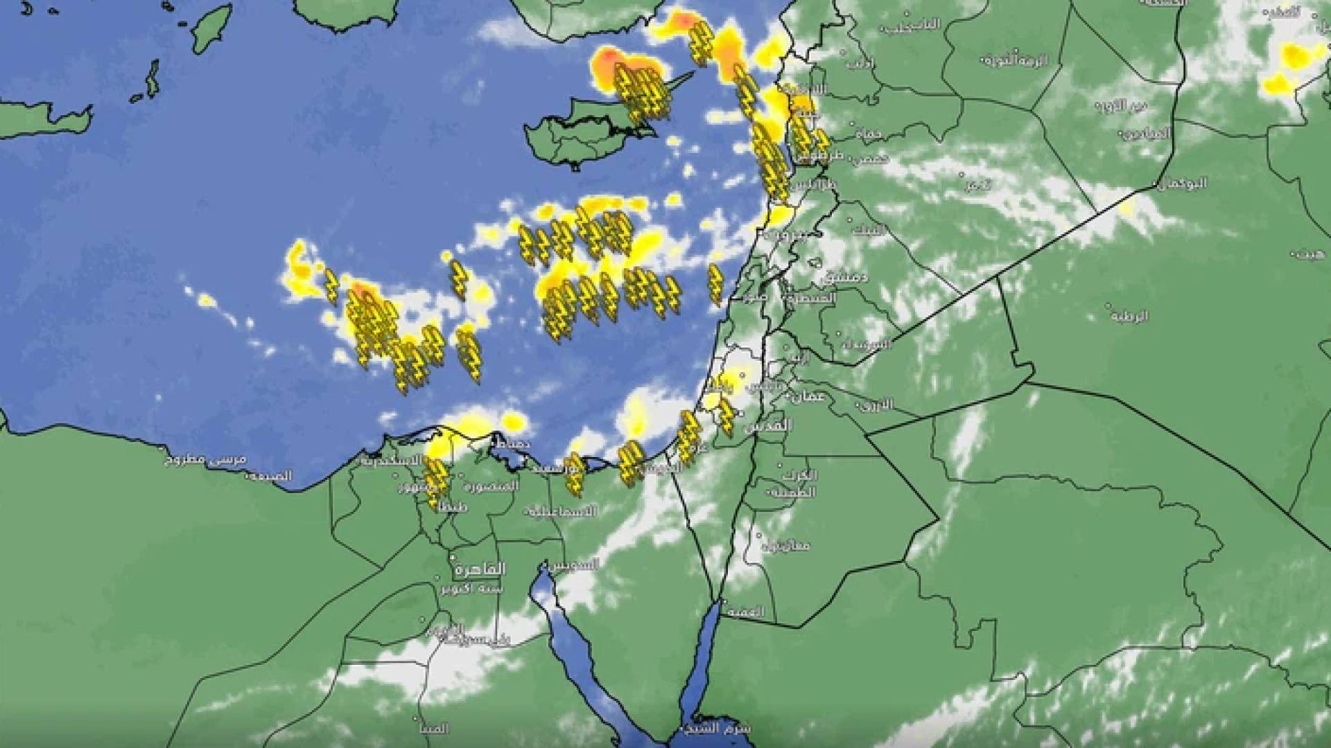 خارطة توضح تحرك كميات من السحب شمال ووسط الأردن