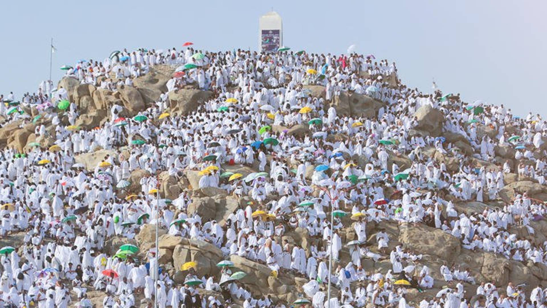 حجاج يقفون على جبل عرفة