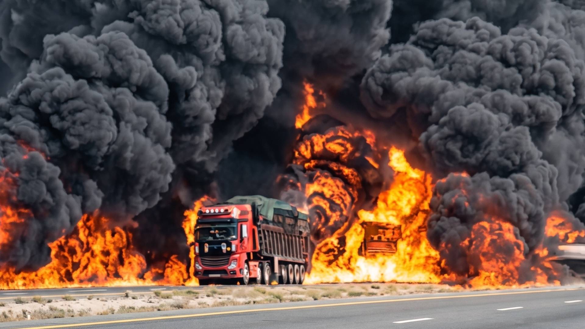 كوادر الدفاع المدني تتعامل مع حادث تصادم  بين صهريج وشاحنتين على الطريق الصحراوي