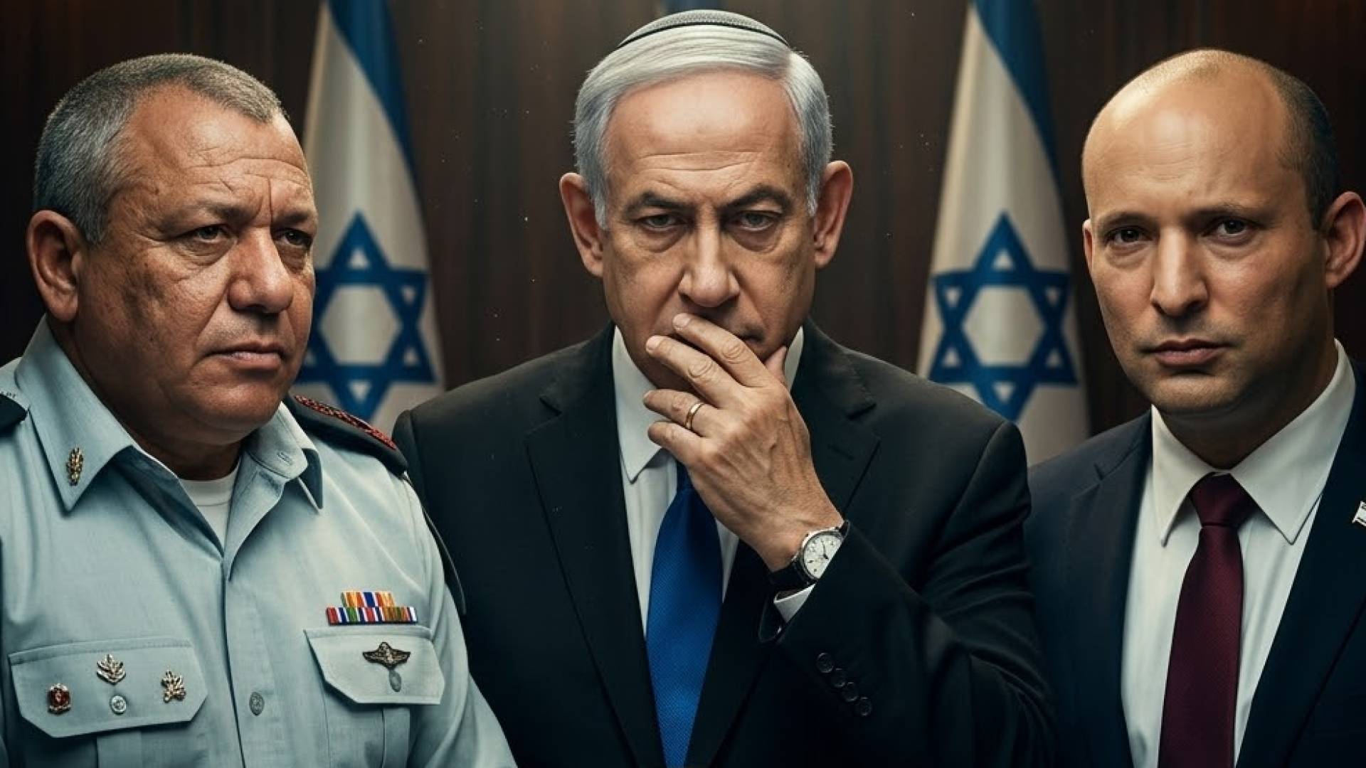 صورة تم توليدها بالذكاء الاصطناعي لـ نفتالي بينت - بنيامين نتنياهو - آيزنكوت