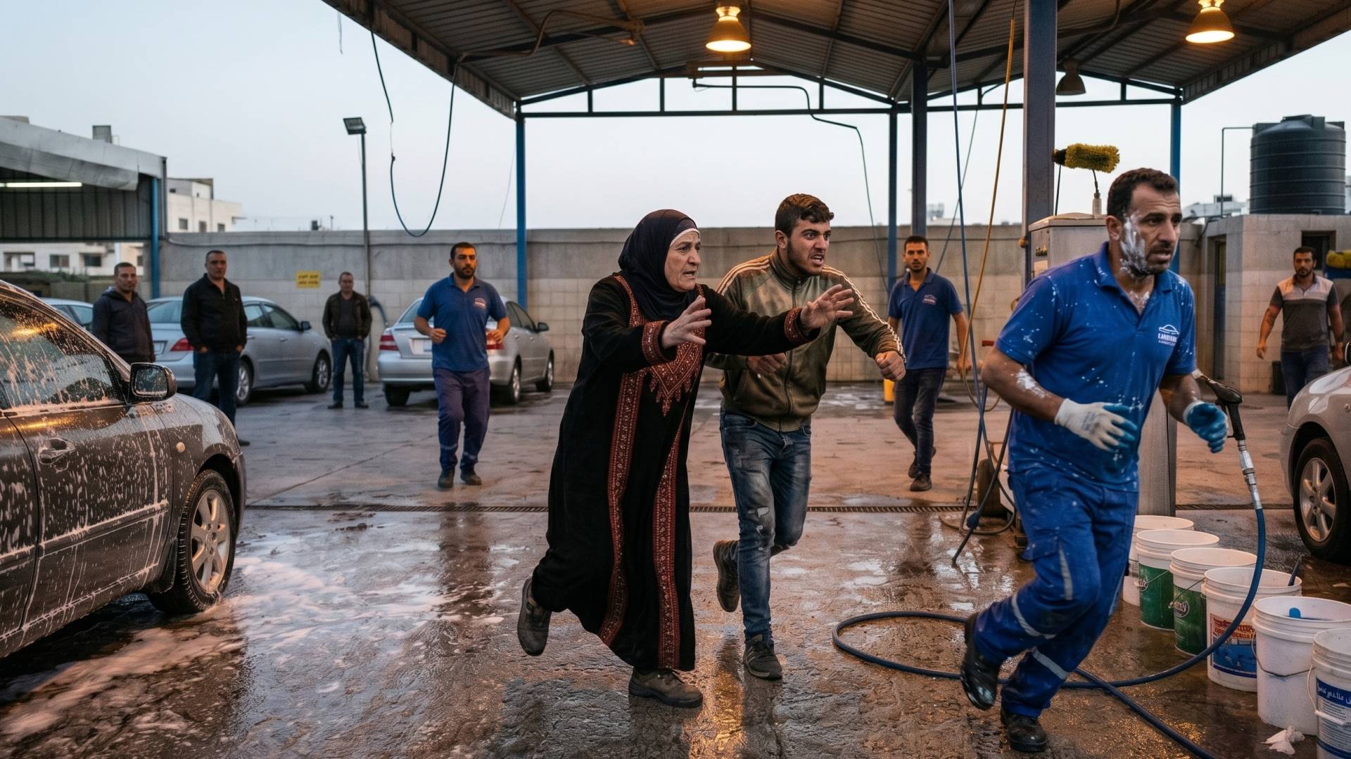 صورة معدة بالذكاء الاصطناعي تبين أمراة وابنها يعتدون بالضرب على عامل في محطة غسيل سيارات في مصر