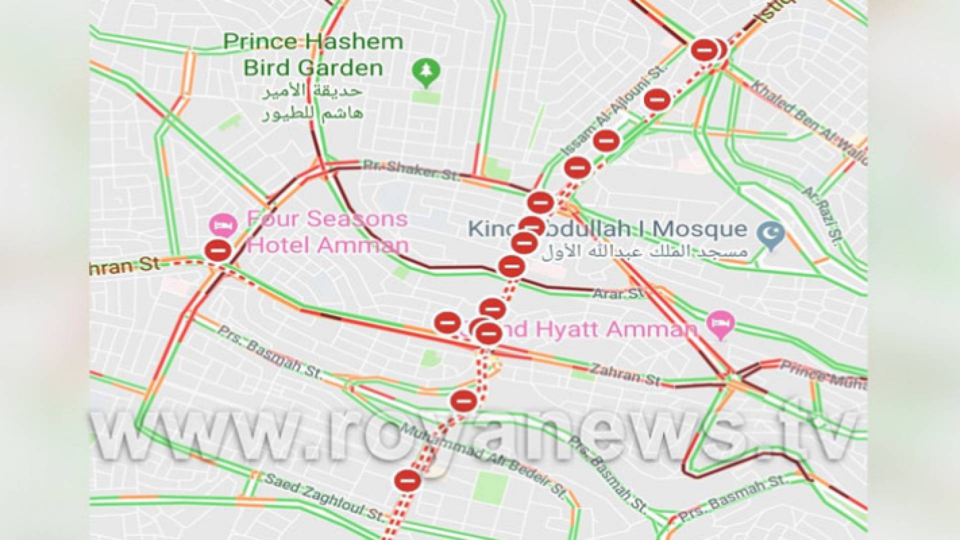 صورة لخرائط جوجل تظهر اغلاقات الطرق في محيط الرابع