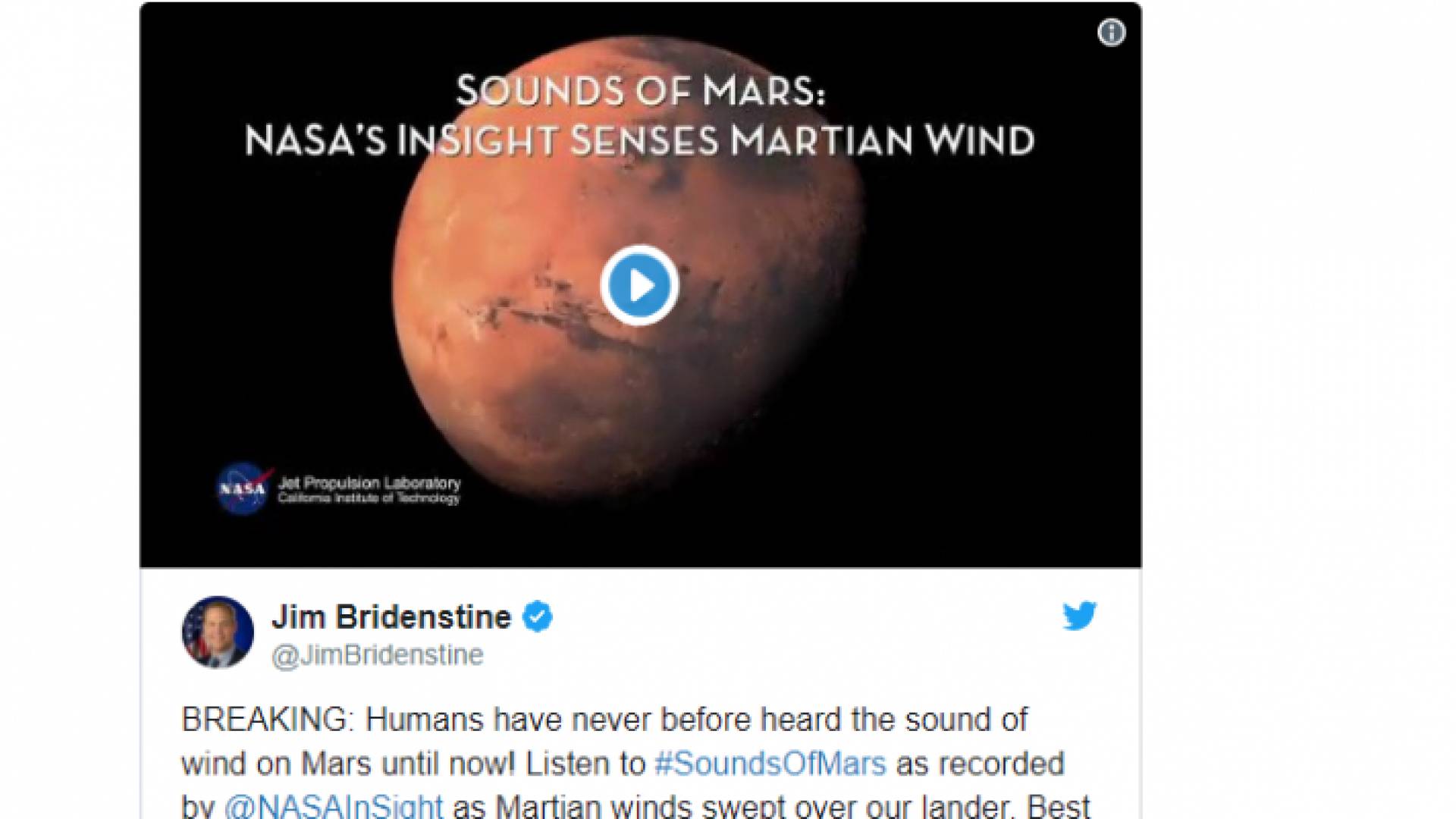 رئيس "ناسا" ينشر فيديو يتضمن تسجيلا لصوت الرياح على سطح كوكب المريخ