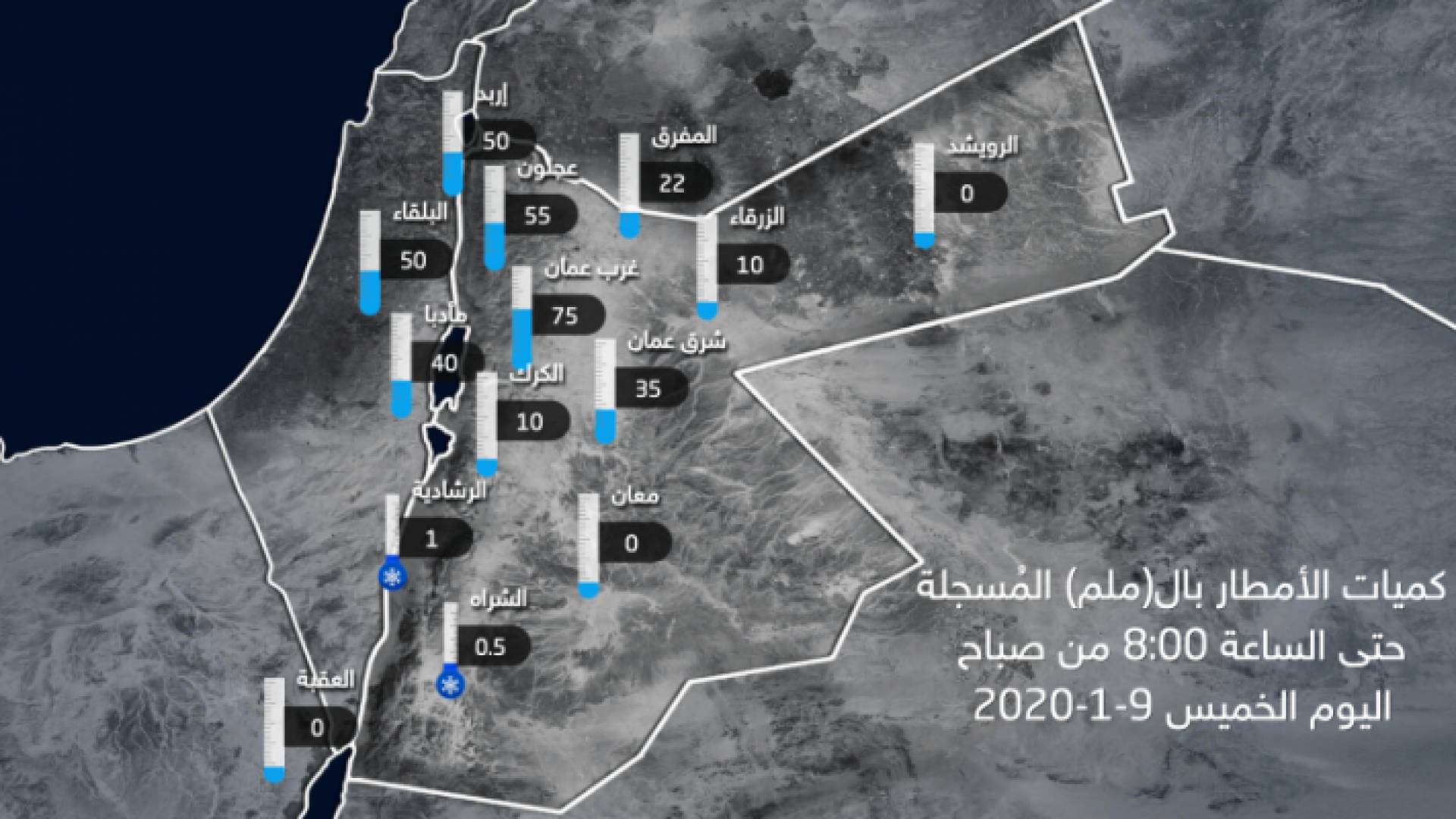 ا كميات الأمطار المسجلة بحسب محطات طقس العرب والأرصاد الأردنية الجوية