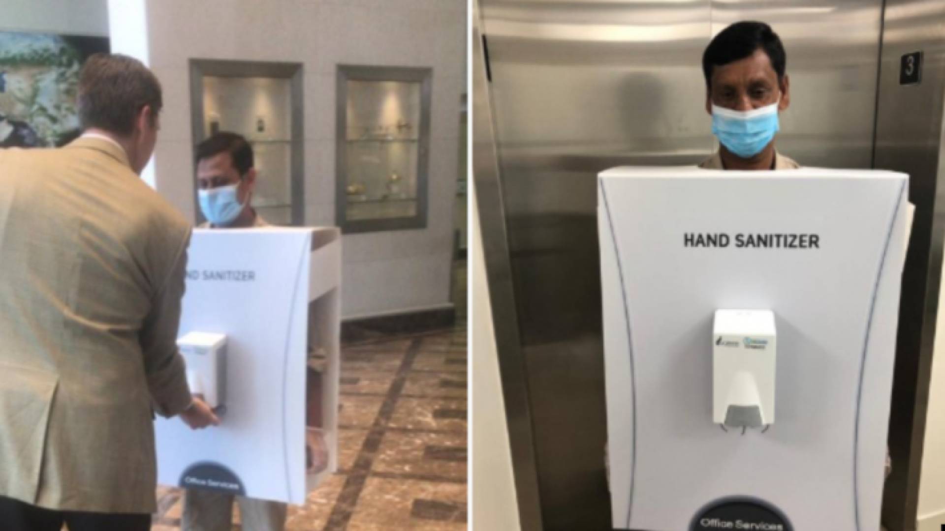 صورة العامل الذي يحمل معقم اليد بداخل صندوق أغضبت المغردون من مختلف أنحاء العالم