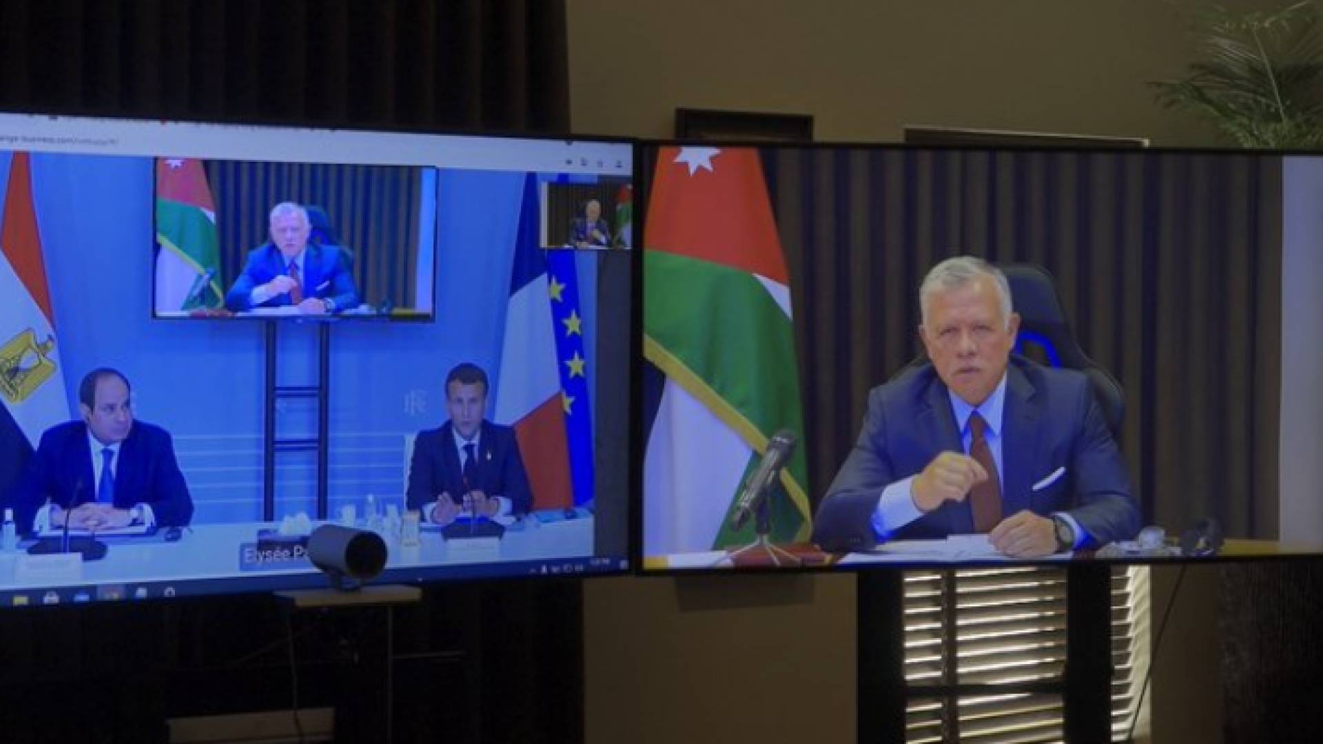 جلالة الملك عبد الله الثاني في حديثه عبر الاتصال المرئي مع الرئيسين المصري والفرنسي.