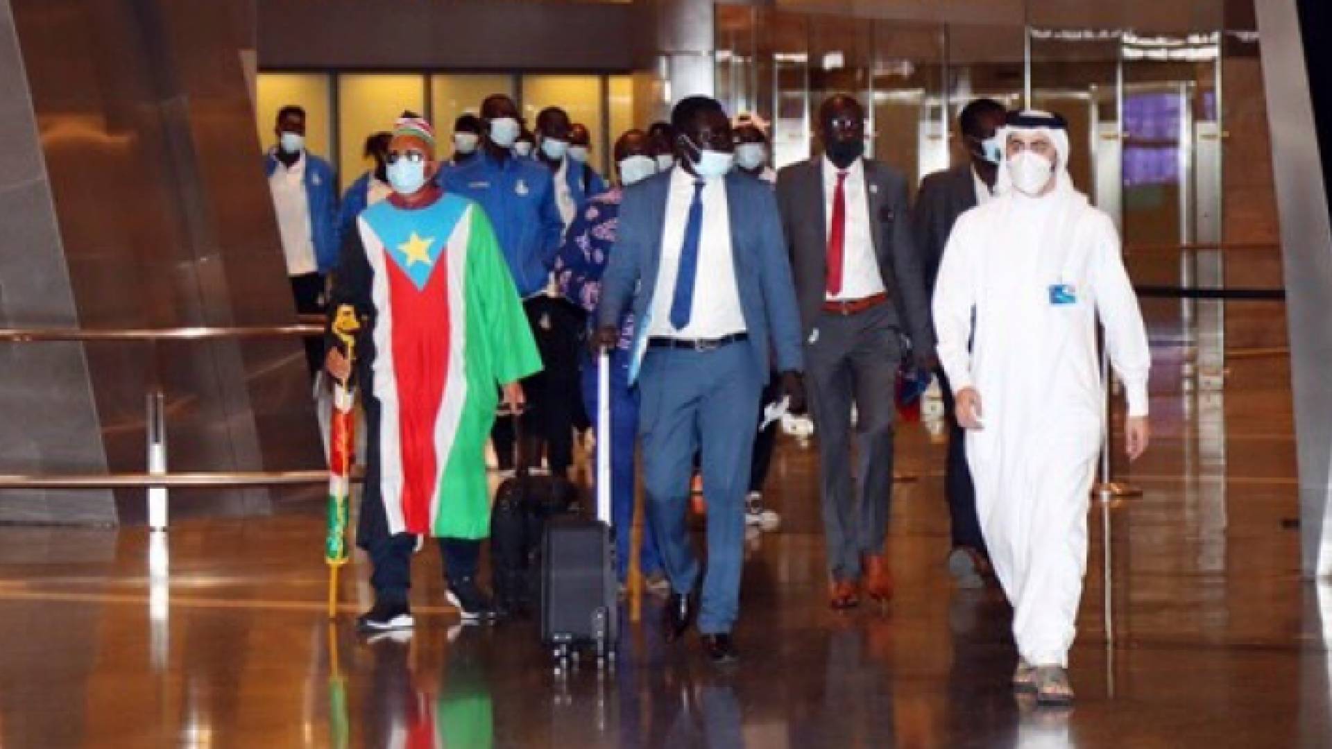 بعثة جنوب السودان الرياضية في أثناء وصولها إلى الدوحة