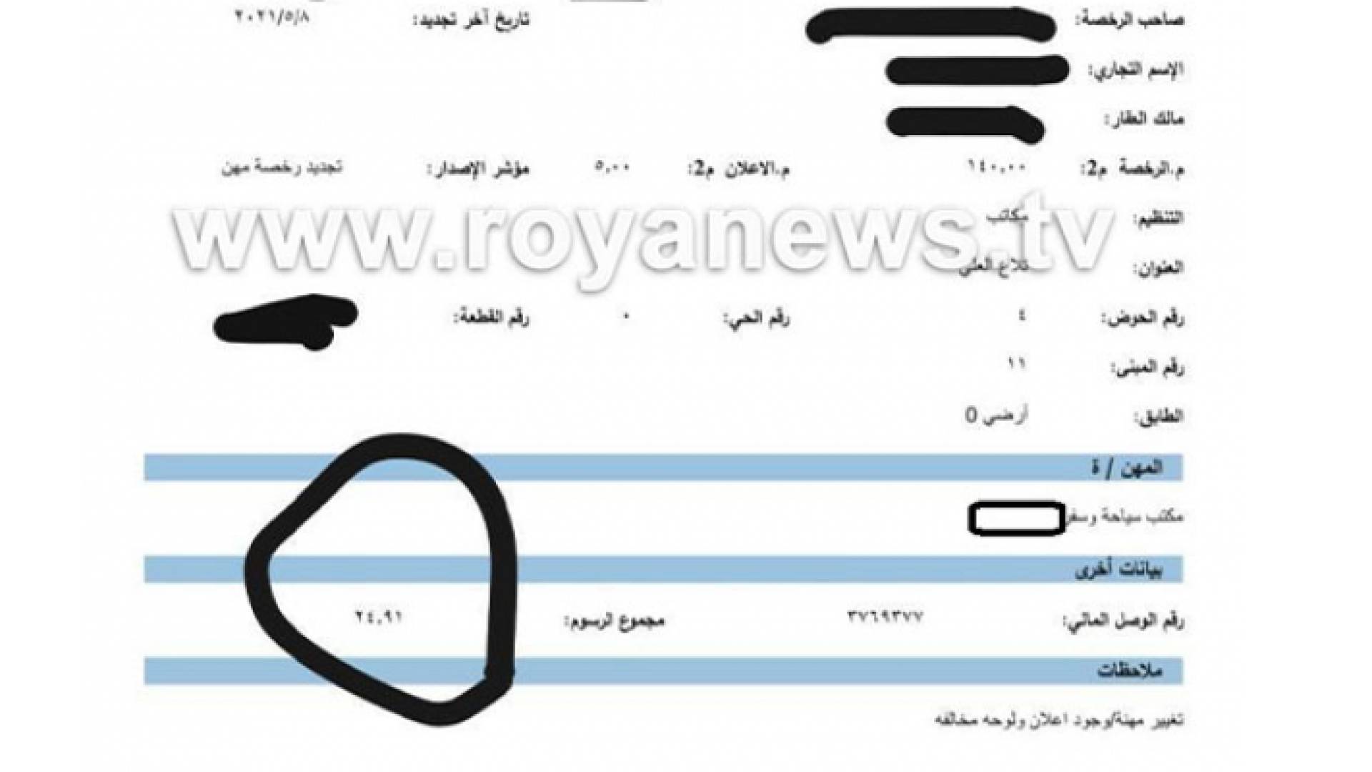 وثيقة تبين إعفاء أمانة عمان مكاتب السياحة من 75% من رسوم رخص المهن