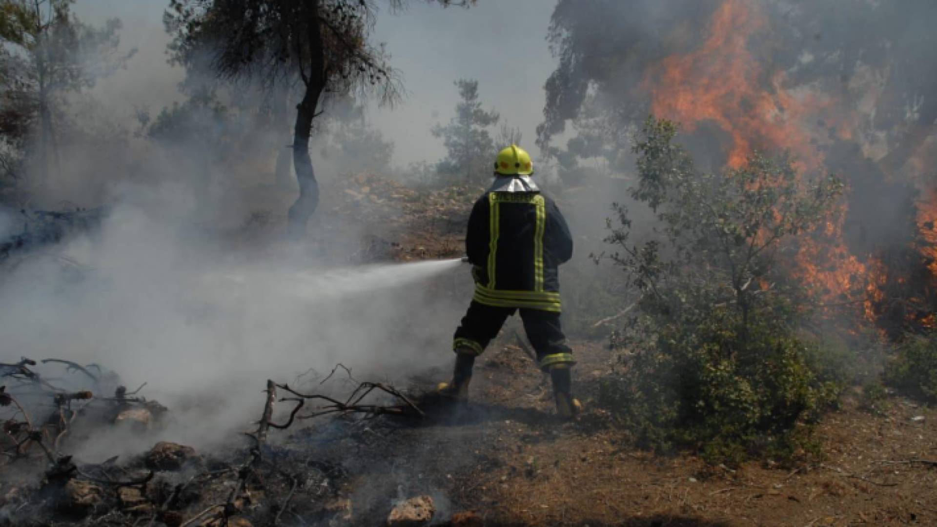 رجل إطفاء يقوم بإخماد حريق شب في أراضٍ بمنطقة الكورة