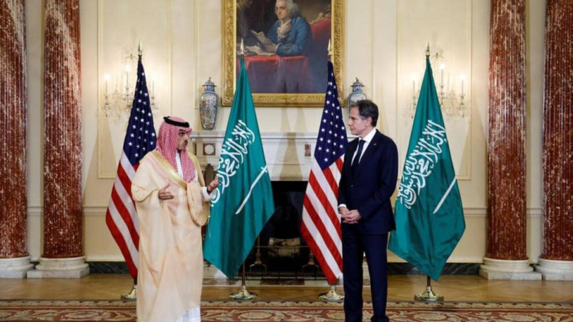 جانب من لقاء وزيري الخارجية الأمريكي والسعودي