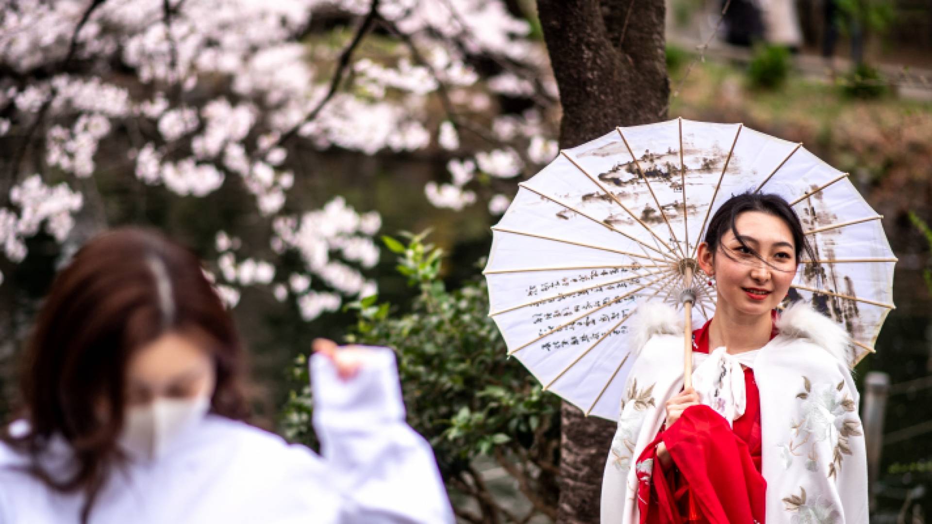 امرأة بالزي التقليدي (يمين) تقف لالتقاط صور تحت أزهار الكرز المتفتحة في حديقة إينوكاشيرا في طوكيو