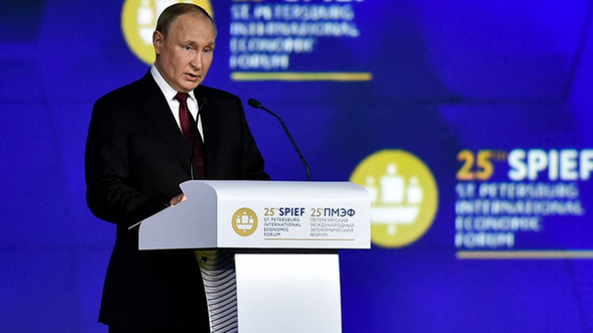 صورة للرئيس الروسي فلاديمير بوتين يتحدث في الجلسة العامة لمنتدى بطرسبورغ الاقتصادي