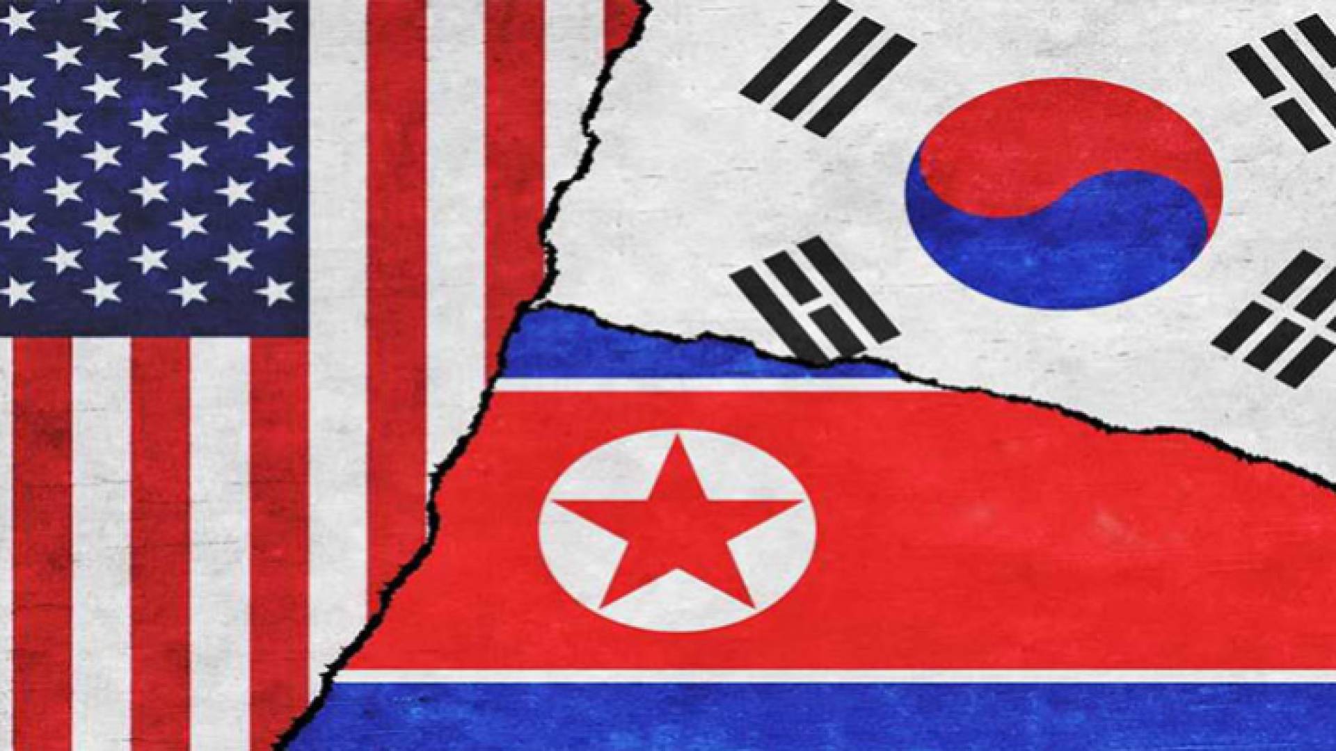 أعلام كوريا الشمالية وكوريا الجنوبية والولايات المتحدة