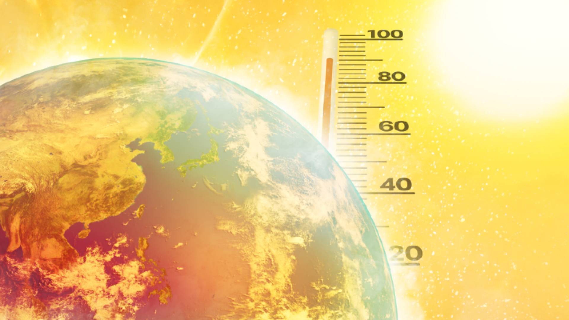 الكرة الأرضية ومقياس حرارة وشمس ساطعة "تعبيرية"