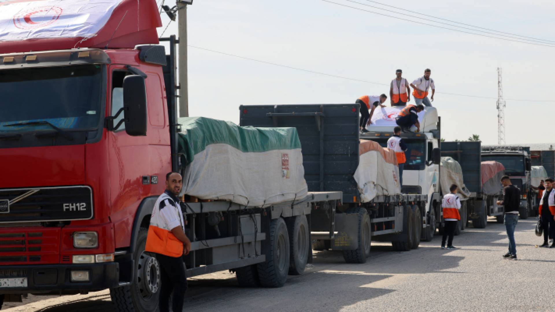 الصورة من قافلة المساعدات التي دخلت غزة صباح السبت