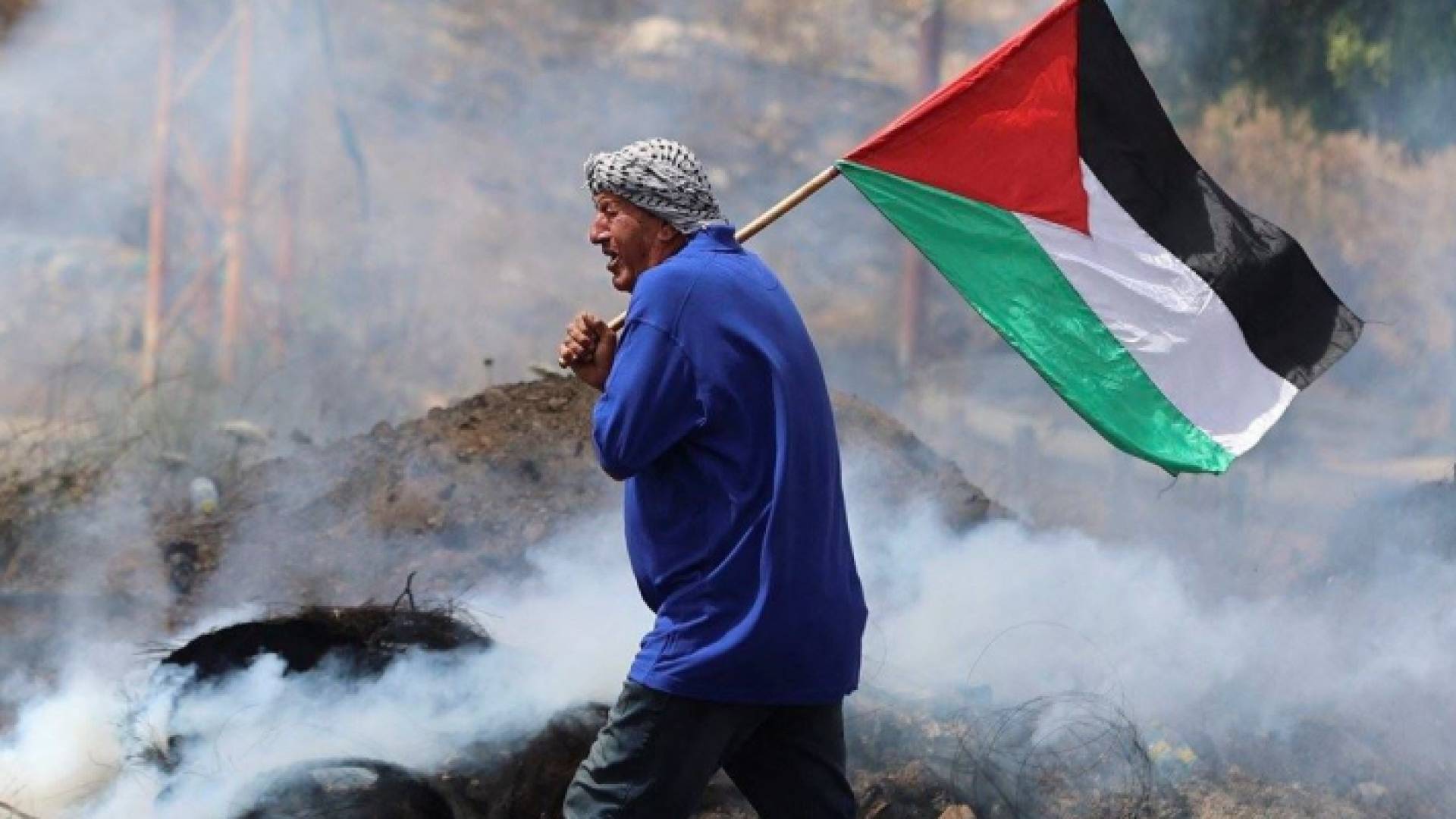 شخص يرفع علم دولة فلسطيني