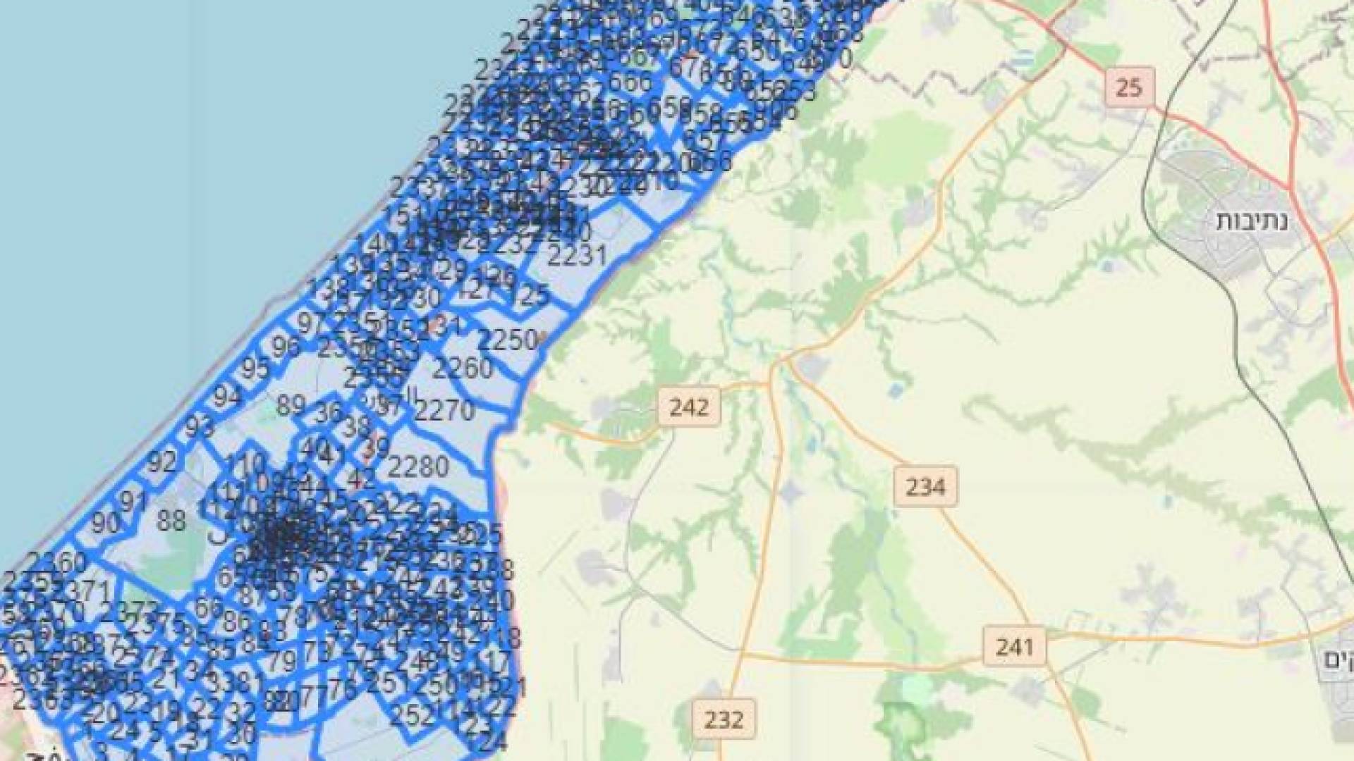 خارطة نشرها جيش الاحتلال تظر أرقام على مناطق في غزة