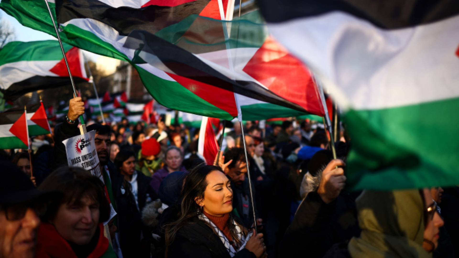 الناشطون والمؤيدون يلوحون بالأعلام ويحملون لافتات خلال مسيرة وطنية من أجل فلسطين في لندن