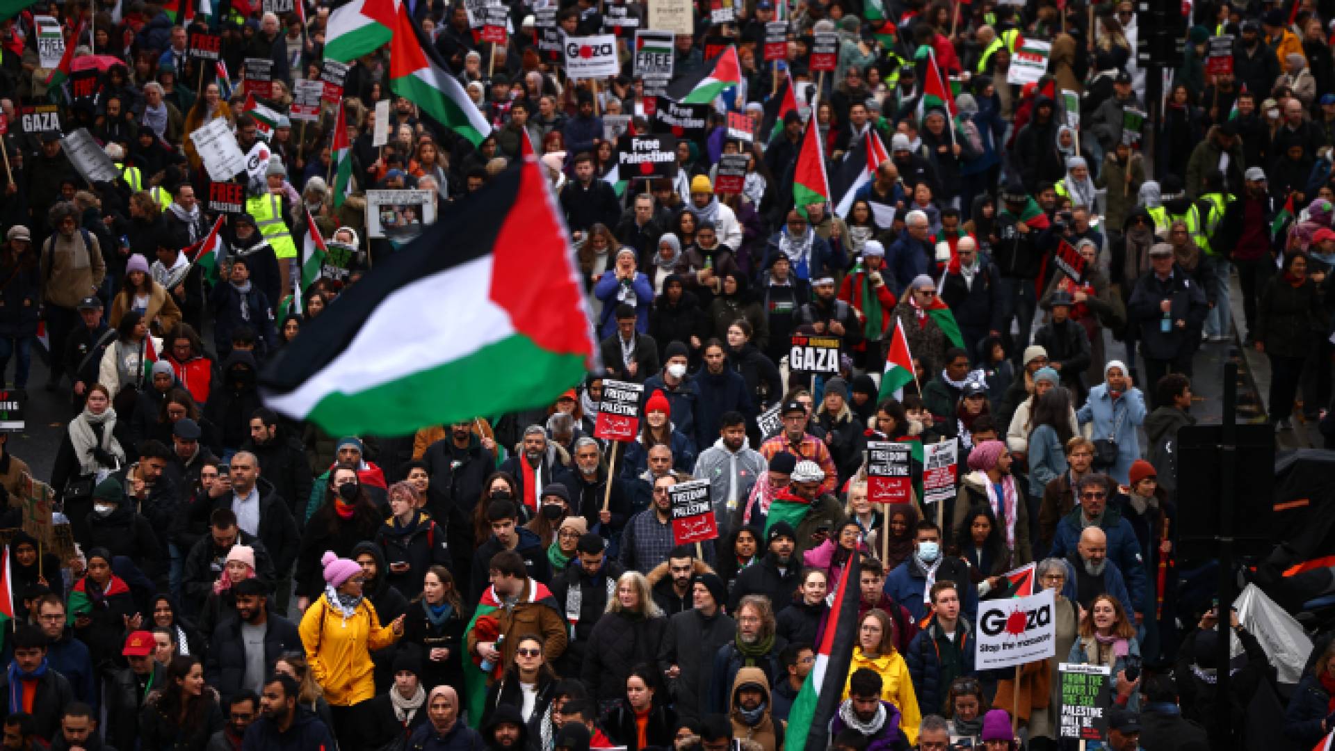 الناشطون والمؤيدون يلوحون بالأعلام ويحملون لافتات خلال مسيرة وطنية من أجل فلسطين في لندن