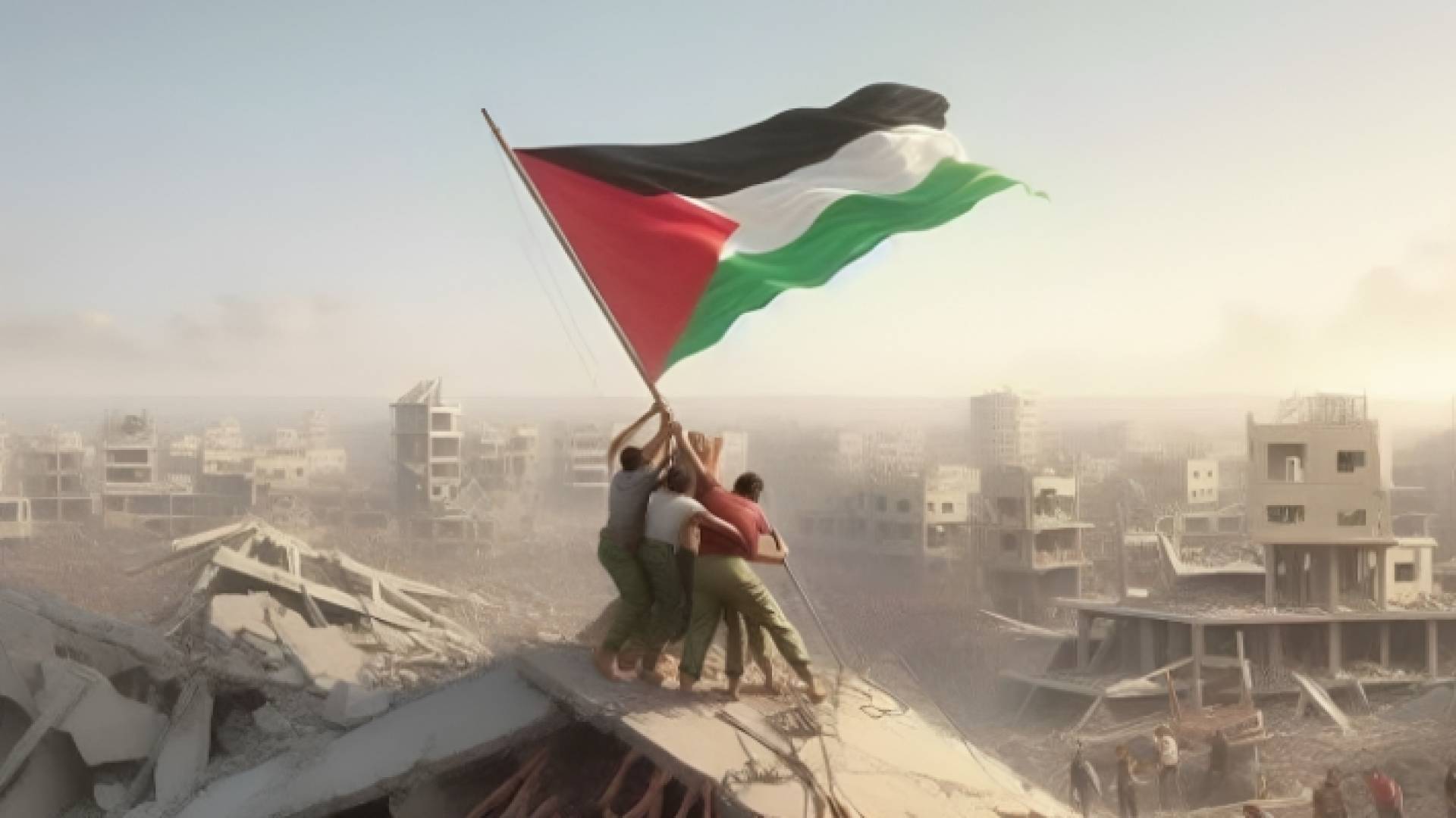 فلسطينيون يحملون العلم الفلسطيني فوق الدمار