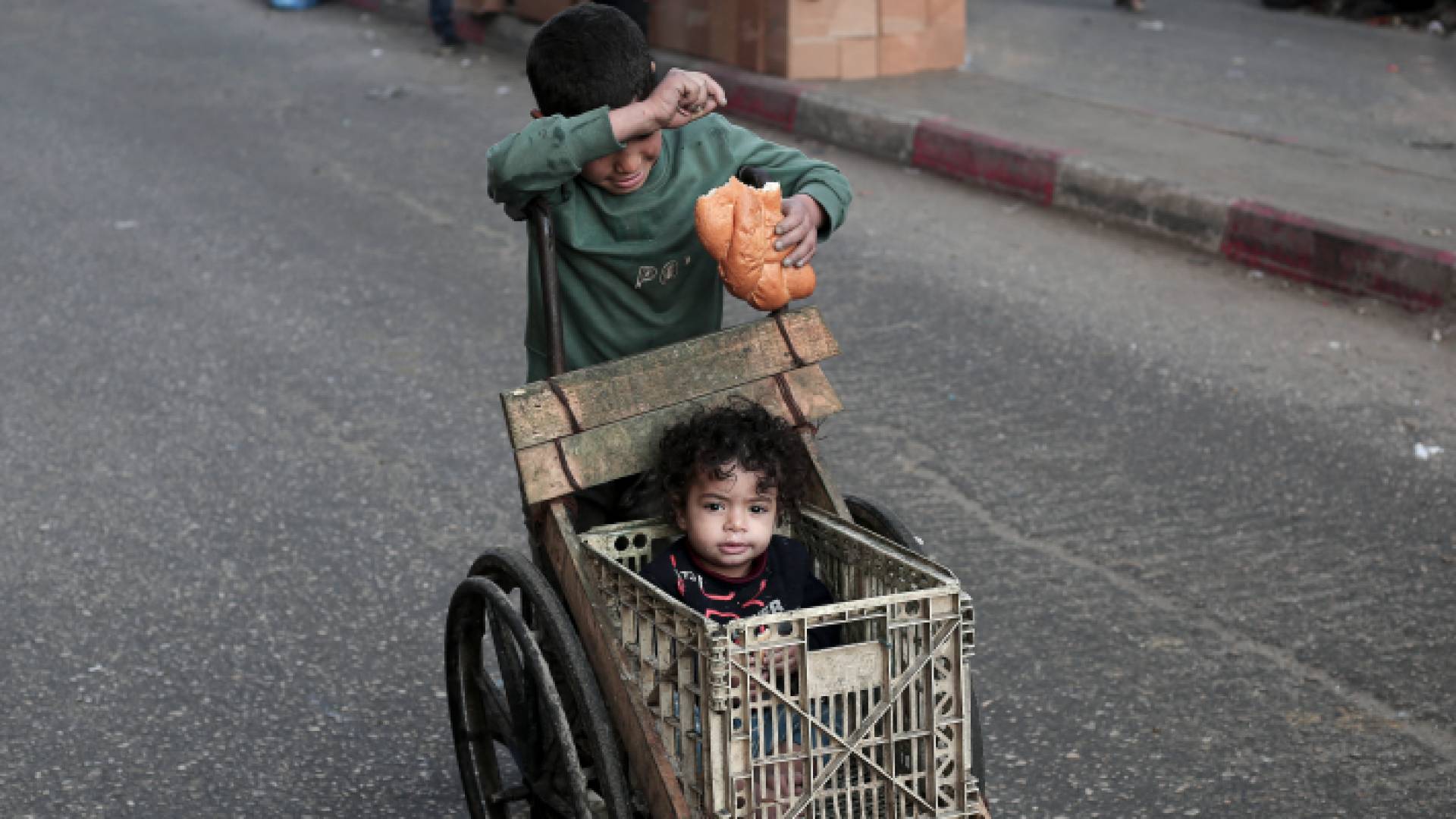 صغير فلسطيني يحاول تأمين الطعام لشقيقه الأصغر