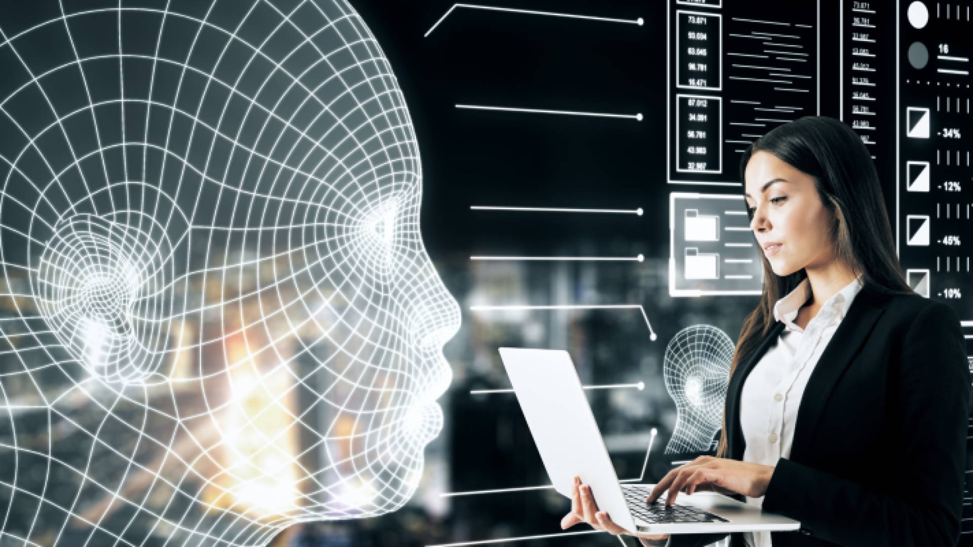 سيدة تعمل على جهاز الحاسوب المحمول بالتعاون مع تقنيات الذكاء الاصطناعي